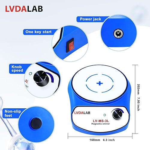 Miniatura 5 de Agitador magnético de 3000 RPM con 2 barras de agitación, mezclador magnético de acero inoxidable de 101.4 fl oz, agitadores de laboratorio, mini