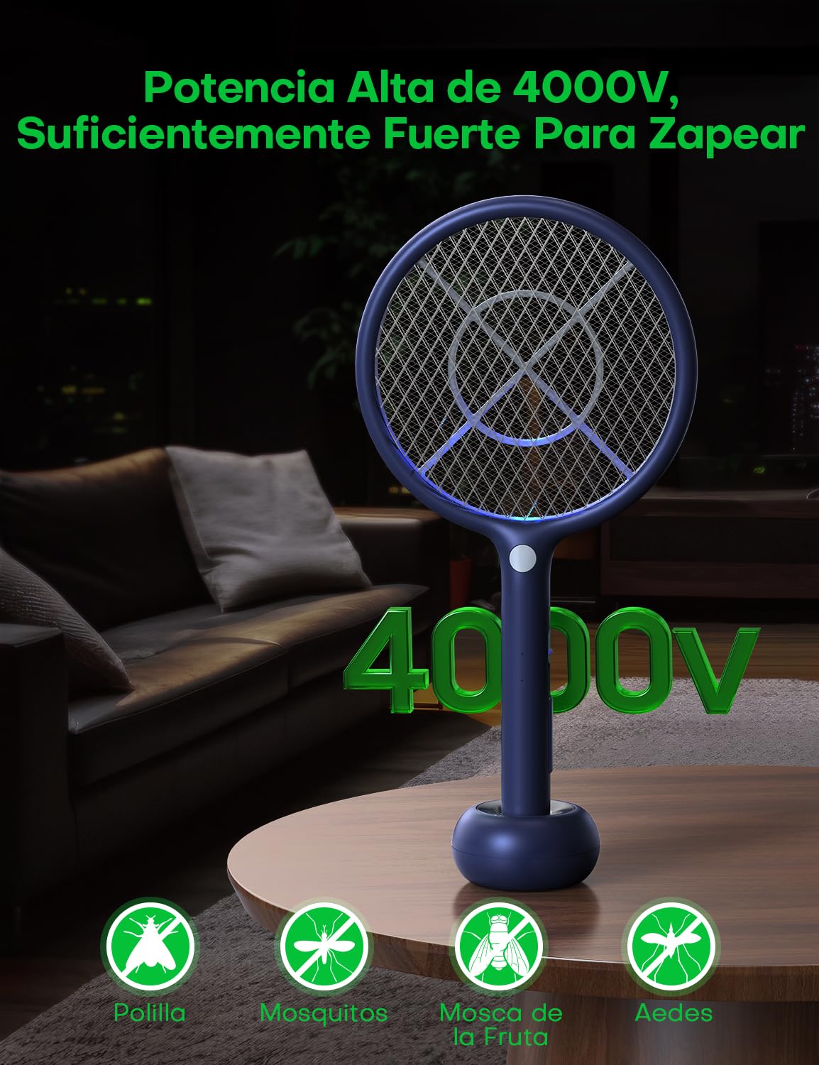 AROEVE Raqueta Mosquitos Electrica, 2-en-1 Raqueta Matamoscas Electrica, 4000V, Base de Carga USB, Batería Recargable de1200mAh, Modo de Atracción Auto, luz LED, Protección de 3 Capas,Azul