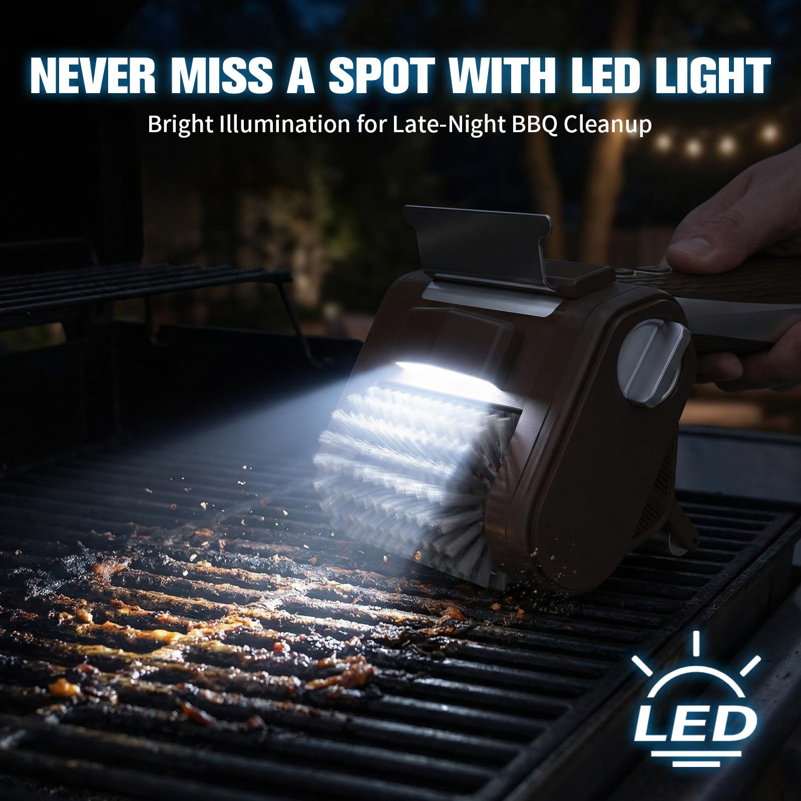 Nettoyeur électrique pour barbecue - Sans brosse - Avec lumière LED - En acier inoxydable 304 - 350 tr/min - Accessoire de barbecue - Convient pour tous les barbecues