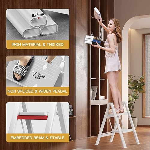 Miniatura 2 de GameGem 2 Step Ladder Folding Step Stool with Wide Anti-Slip Pedal, 330LBS Capacity, Lightweight Portable Stepladder for Home and Kitchen Use,White