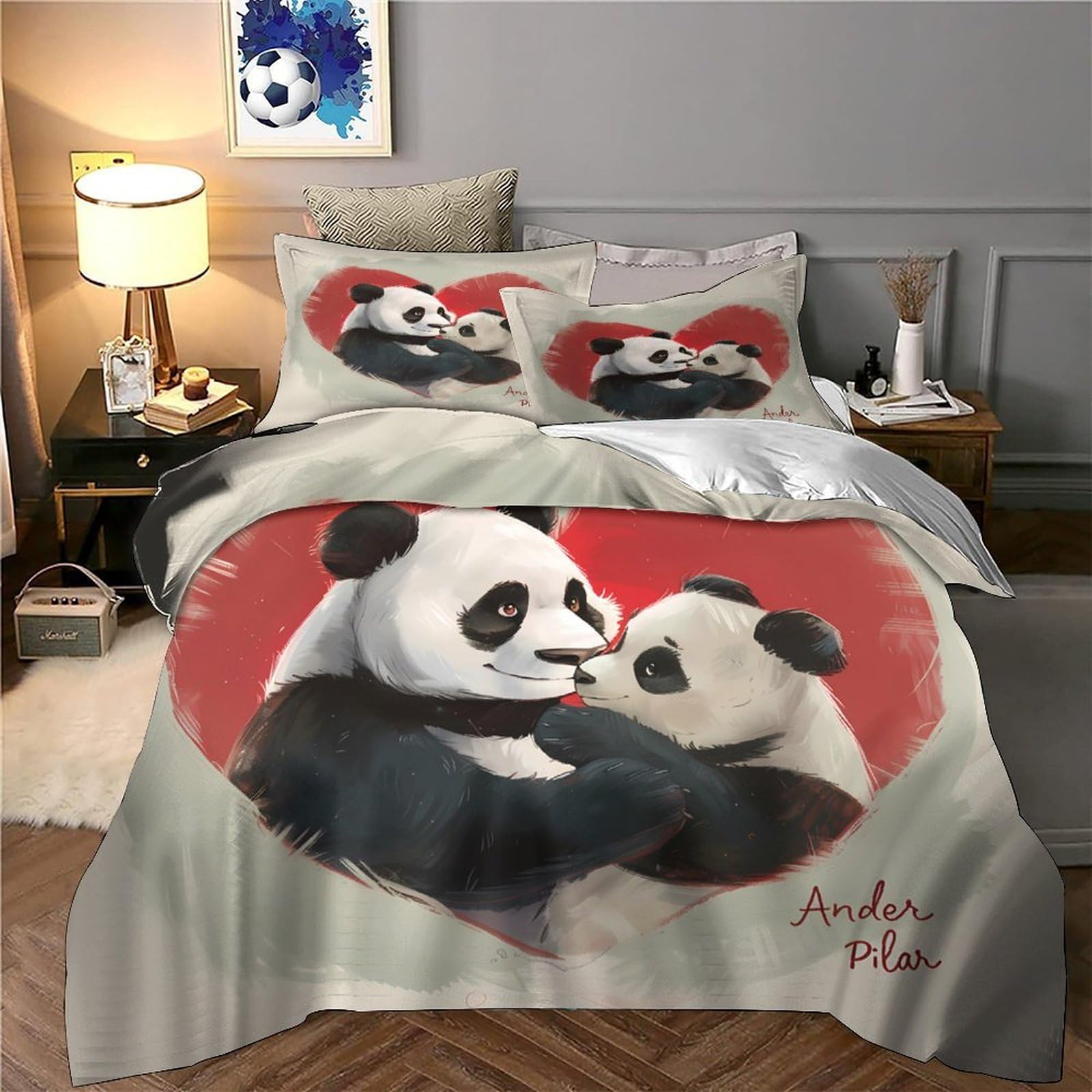 Panda-Pärchen umarmt Bettbezug Weich Reißverschluss Hautfreundlich Schlafkomfort Bettdeckenbezug 3D Gedruckt 3 Teilig Mikrofaser mit Kissenbezug Kuschelig for Teen Jungen & Männer