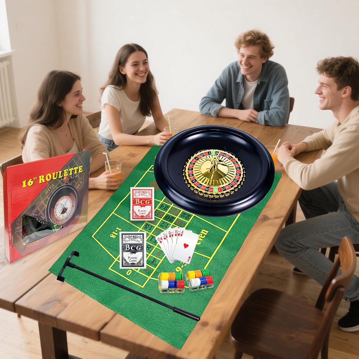 10 Inch Professional Roulette Wheel Set Gambling Wheel with 120 Chips,2 Decks of Cards,Reversible Game Table Mat, Rake and Balls,Casino Games Suitable for Roulette and Texas Hold'em