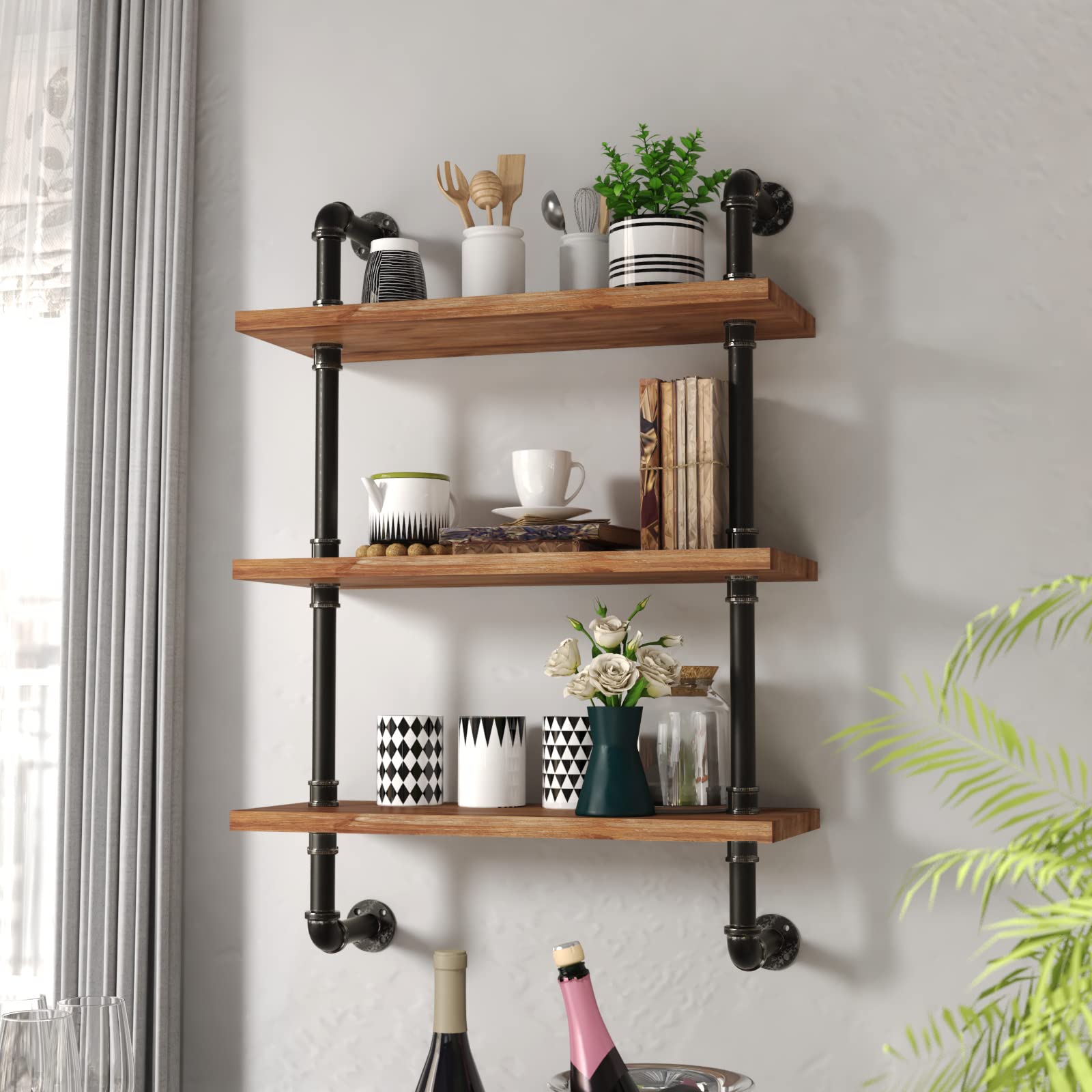 Industrial Pipe Shelving Rustic Wood Floating Shelves 3 Tiers Modern