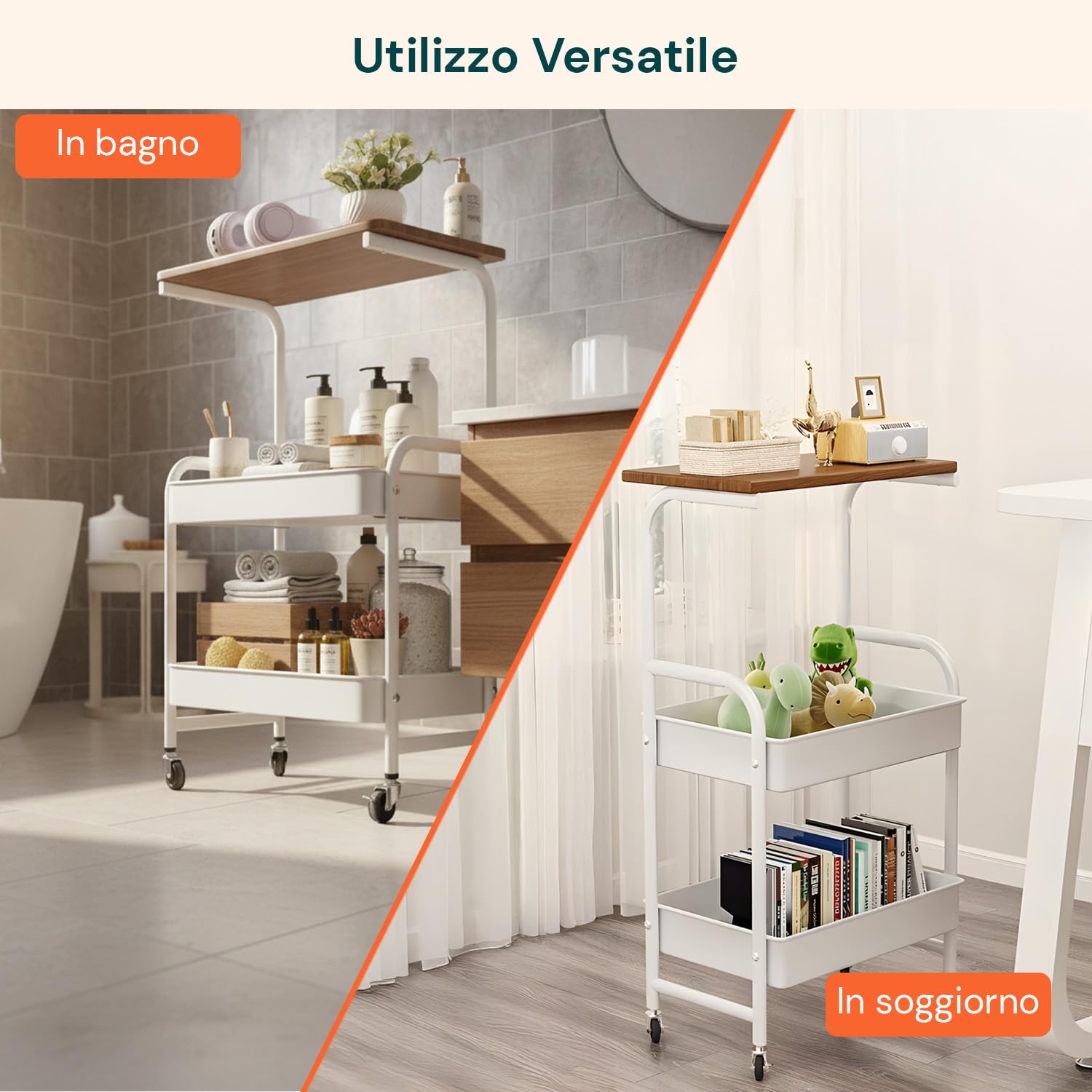 Avilia - Carrello Cucina Multiuso a 2 Ripiani in Metallo e Legno - Mobile Salvaspazio con 4 Ruote Girevoli a 360° - Organizer Portatutto per Casa, Ufficio e Bagno - 77x43x30 cm - Industrial
