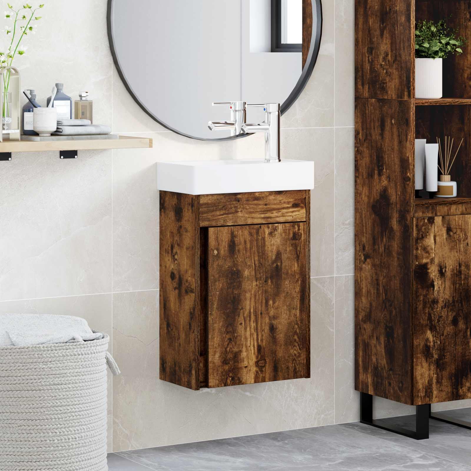 Lavabo de baño de roble con armario suspendido ideal para aseo de invitados moderno