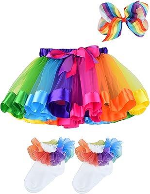 BGFKS Girls Layered Tulle Rainbow Tutu Skirt Sets,Toddler Girl Skirt with Linging,Hairbow and Socks.