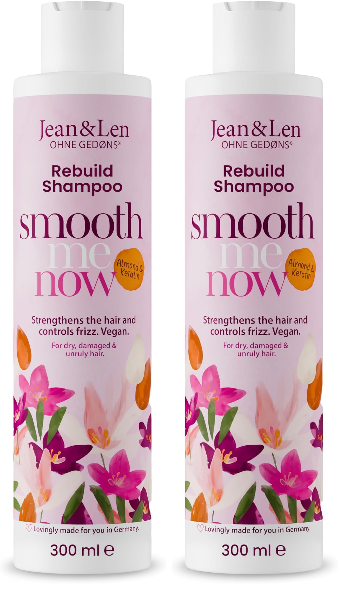 Jean & Len Shampoo Aufbau Mandel & Keratin, für trockenes, strapaziertes & widerspenstiges Haar, kräftigt das Haar, bändigt Frizz und verleiht Glanz, Shampoo ohne Silikone & Parabene, vegan, 300 ml