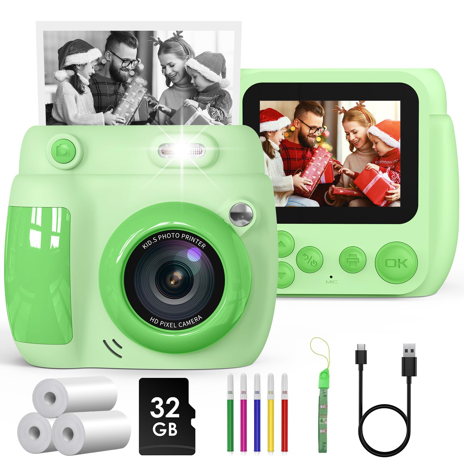 Gofunly Macchina Fotografica Bambini Istantanea, 2,4 Pollici Schermo Fotocamera Istantanea per Bambini con 32GB Scheda, 1080P HD Fotocamera Digitale Bambini Regalo per Ragazze Ragazzi da 3-12 Anni