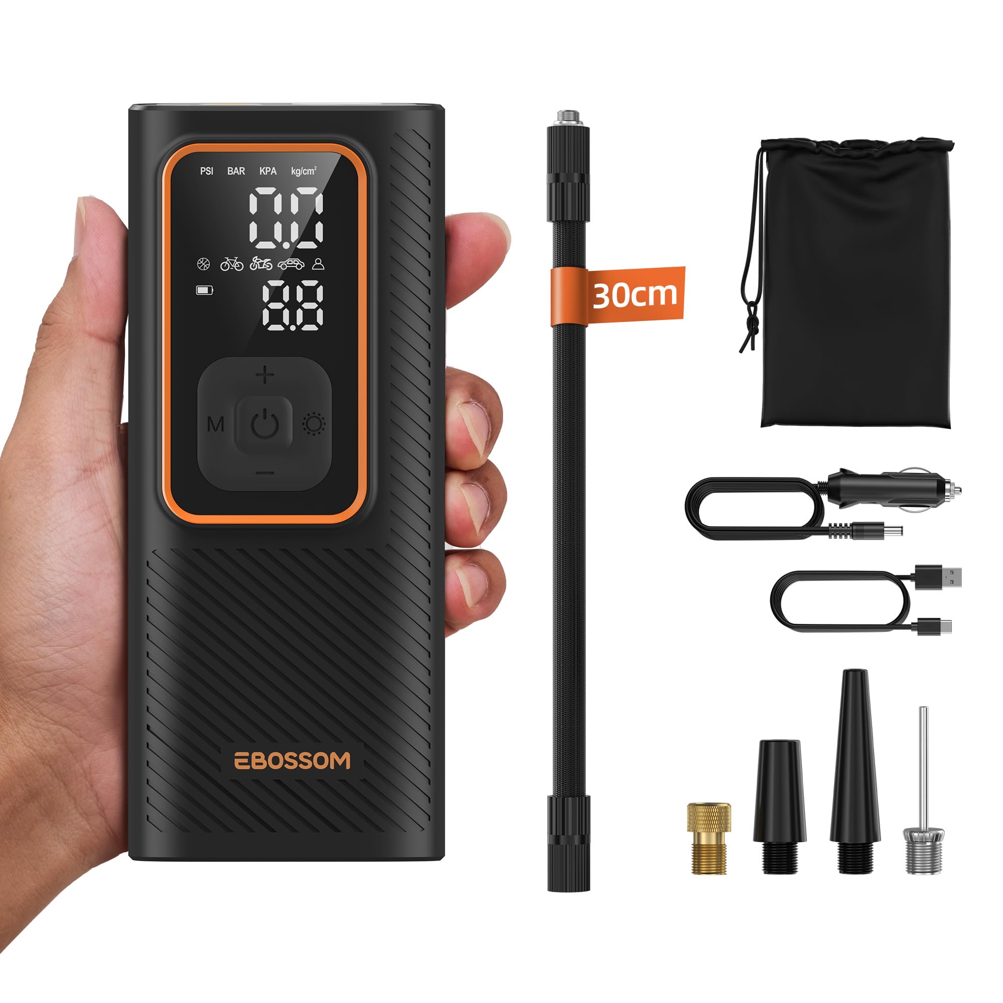 Mini Luftkompressor 10bar, wiederaufladbare Luftpumpe mit 6000 mAh Akku,tragbarer elektrischer Kompressor mit Universalventilen für Auto, Motorrad und Fahrrad,mit 12V-Zigarettenanzünder und LED-Licht