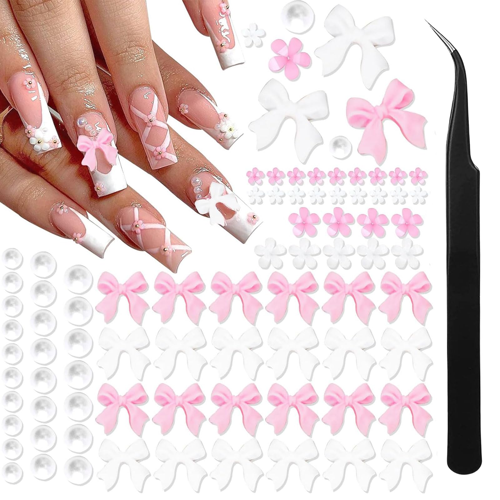 Mezrkuwr Set di 1000 ciondoli a forma di fiocco rosa e bianco, in resina con dorso piatto, perline floreali per decorazione delle unghie, con pinzette per depilare
