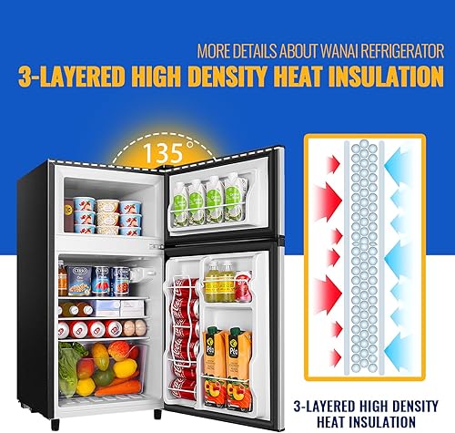 Miniatura 4 de WANAI Mini refrigerador de 100 L pies cúbicos con congelador, refrigerador compacto con congelador, termostato ajustable de 7 niveles y 2 estantes