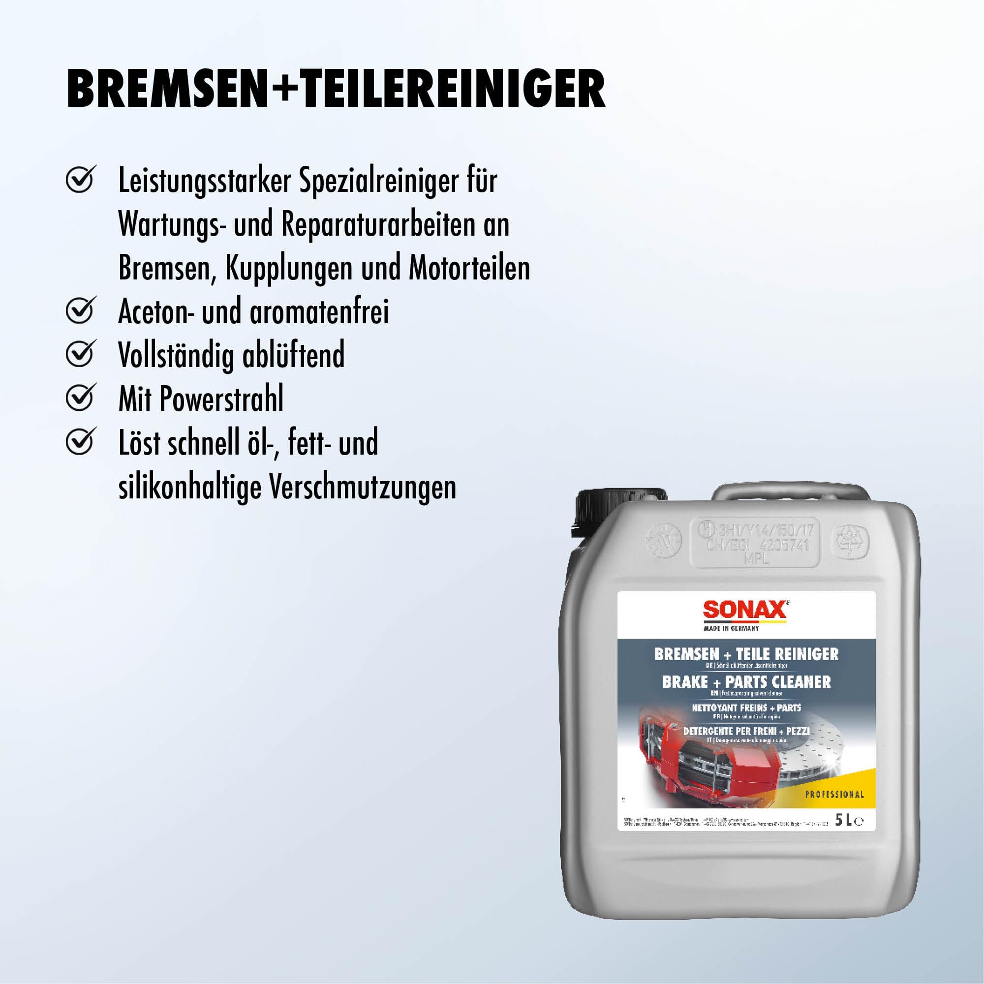 SONAX Bremsen + TeileReiniger (5 Liter) | Bremsenreiniger entfernt Bremsstaub sowie öl-, fett- und silikonhaltige Verschmutzungen und Verkrustungen