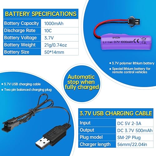 Miniatura 3 de Batería Lipo de 3.7 V 1000 mAh con cable de carga USB, batería de coche RC SM-2P enchufe para TB202 TB201 TM201 TM202 TC141 DE35 DE38 DE40 DE50 RC