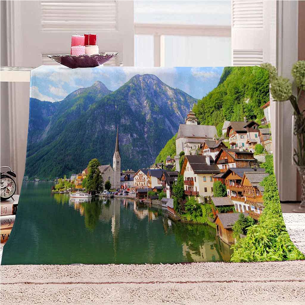 Couverture microfibre douce et thermorégulatrice motif paysage 150x200cm