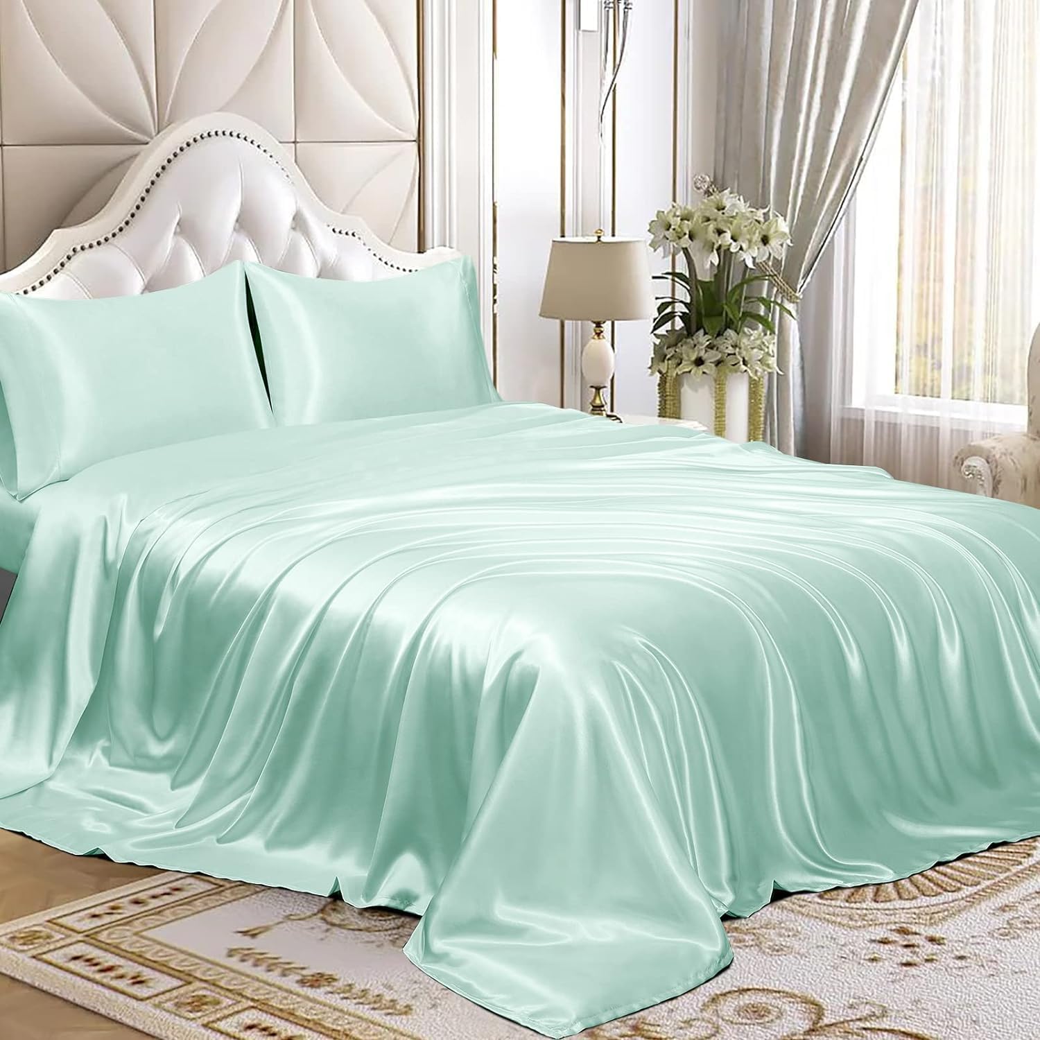 4 Piece Satin Sheet Set Twin-XL Size Bed Set 4 Piece Aqua Blue Durable & Soft (Flat Sheet + Fitted 15'' + 2 Pillowcases) Bed in a Bag Satin Sheet Set