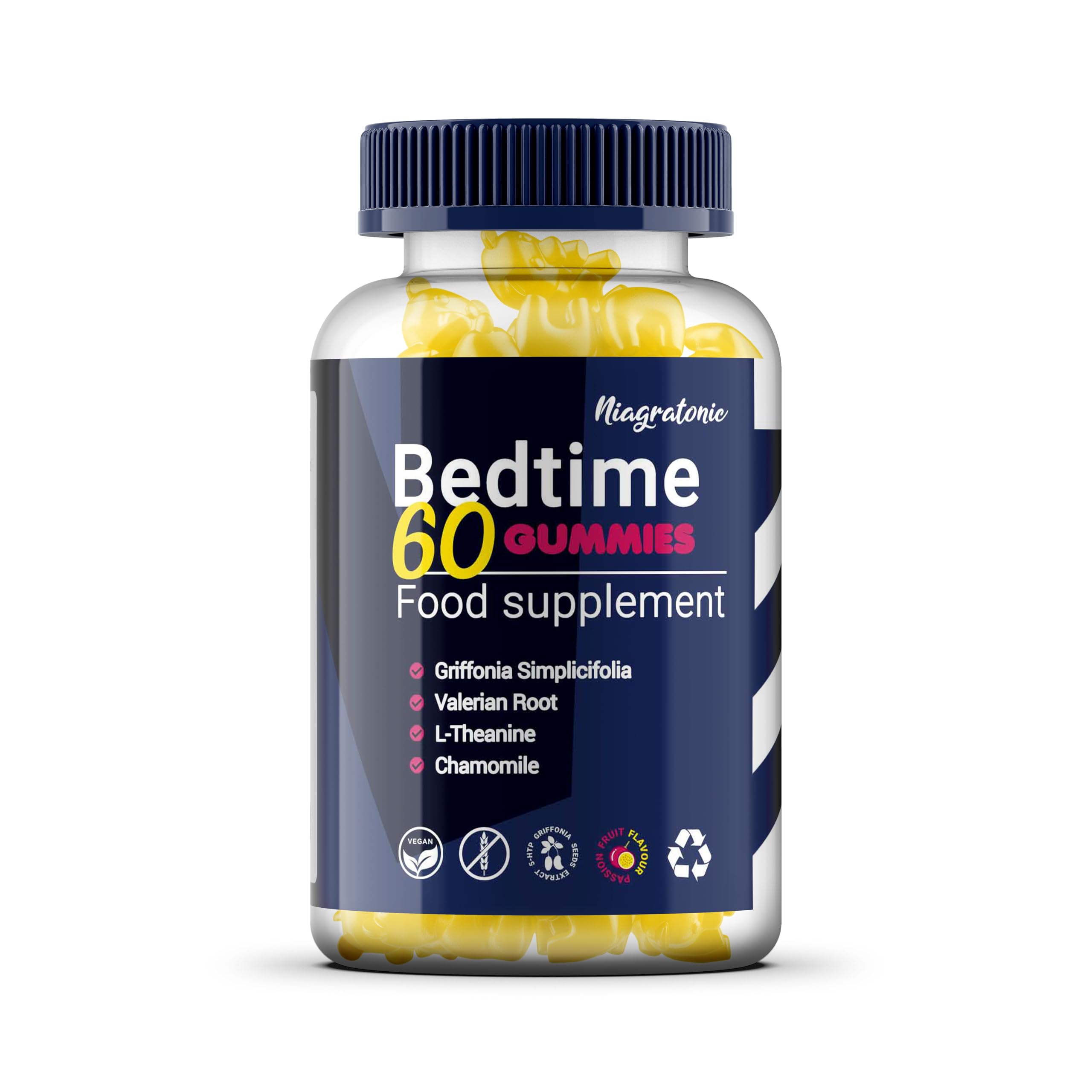 Bedtime Gummies with Griffonia Seed Extract, 5-HTP 60 Gummies Vegan, Gluten-Free, Passion Fruit Flavour, Valerian Root, Chamomile, L-Theanine, Melatonin Free Food Supplement