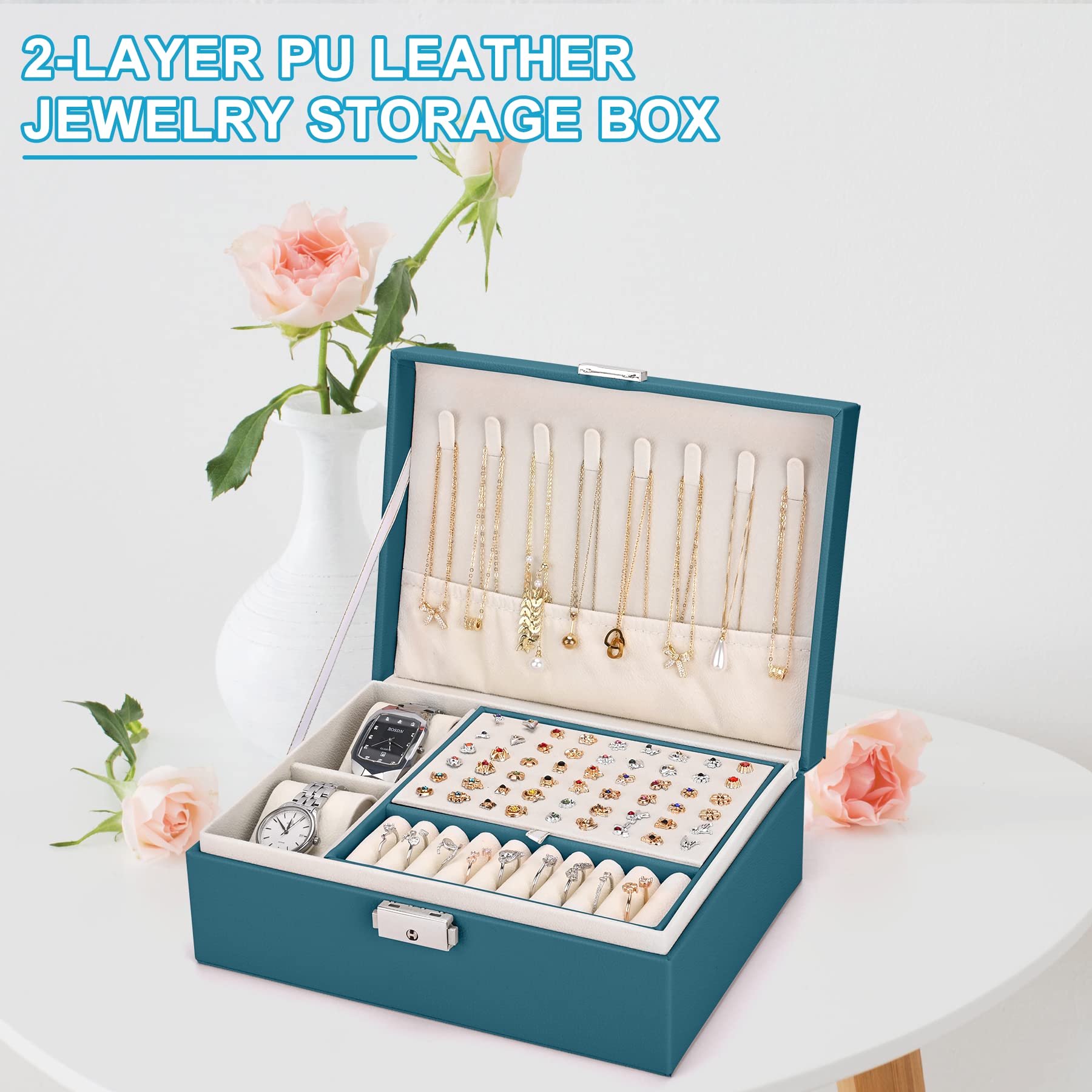 TENXSNUG Porta Gioielli Donna Ragazza, Scatole Portagioie Grande in Pelle PU a 2 Strati, Organizer Gioielli Bloccabile Cofanetto Portagioielli per Collane Orecchini Bracciali Anelli Orologi, Verde