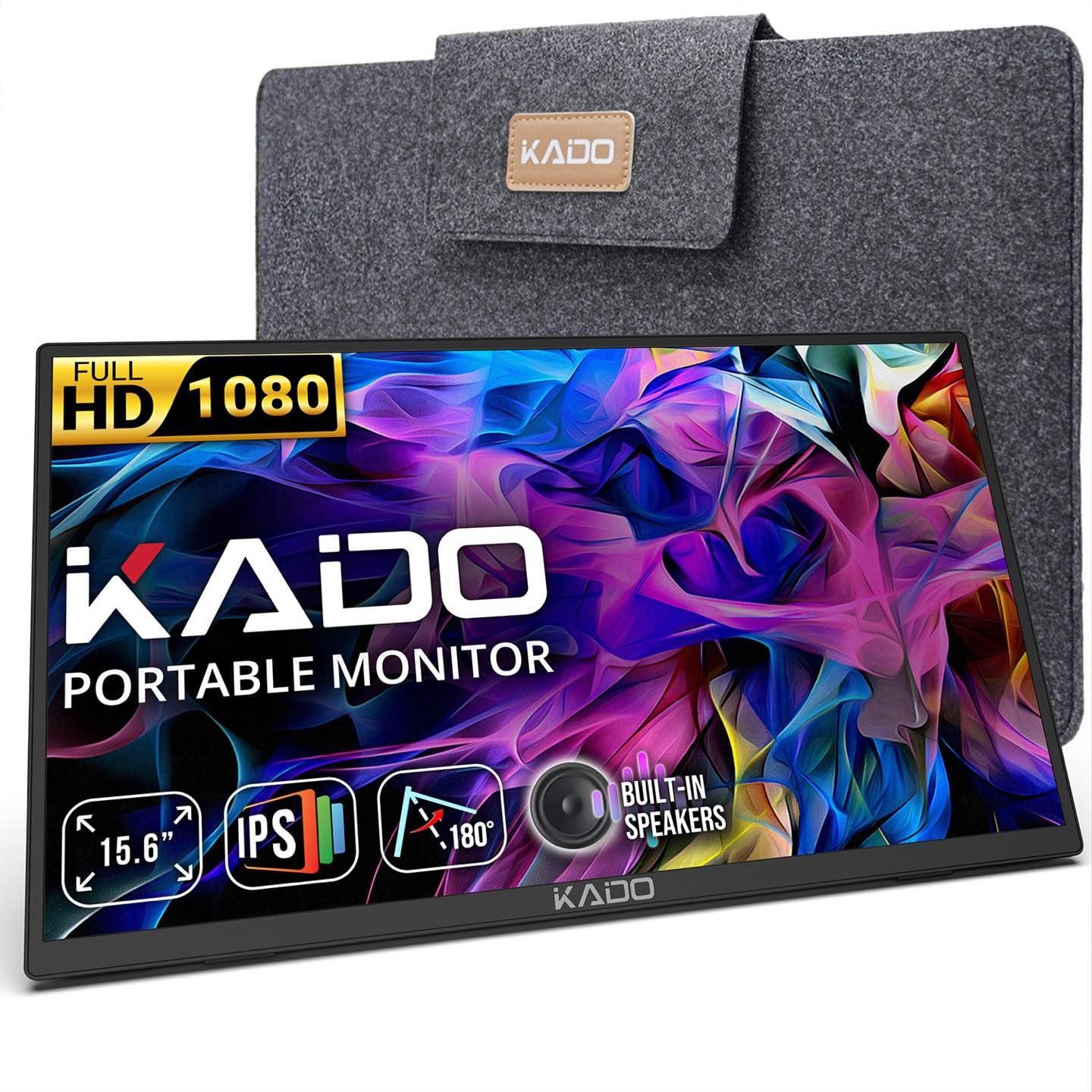 Kado 15.6" FHD 1080P Portable Monitor, USB-C HDMI, Ultra Thin IPS Screen, Built-in Speakers, External Monitor 180° Wall Mount/Arm for Laptop, PC, Phone, Mac, Xbox, PS4/PS5