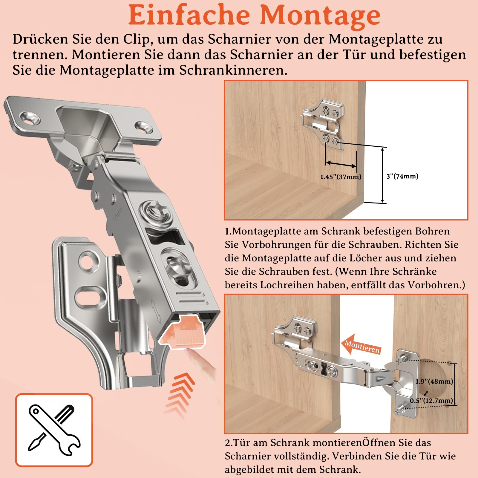 Furniware 50 Stück Eckanschlag Scharniere für Schranktüren, 48mm Küchenschrank Softclose, Topfbänder 35mm Topfscharnier, 105 Grad Schrankscharnier, Kleiderschrank Scharnier, Möbelscharnier mit Dämpfer
