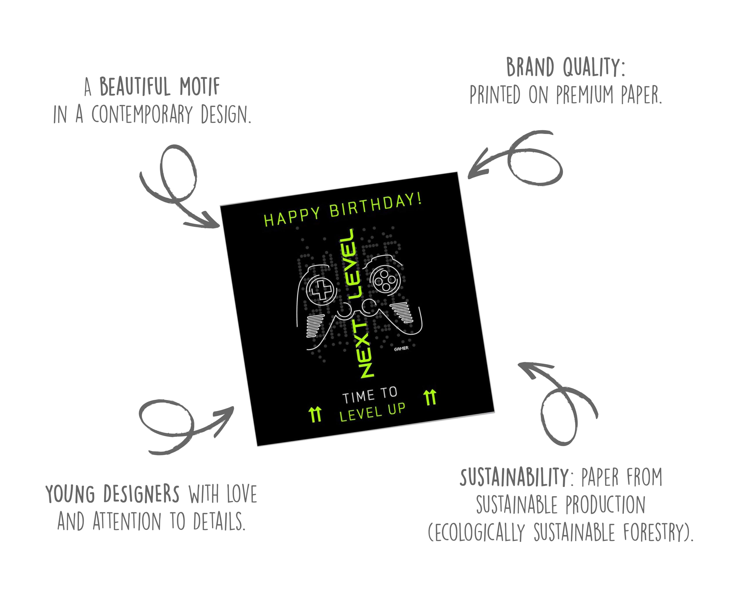 Edition Seidel Kwadratowa kartka urodzinowa premium z kopertą. Kartka z życzeniami Happy Birthday, billet, mężczyzna, kobieta, młodzież, dzieci, gracz, kontroler z sentencjami (GQ142)