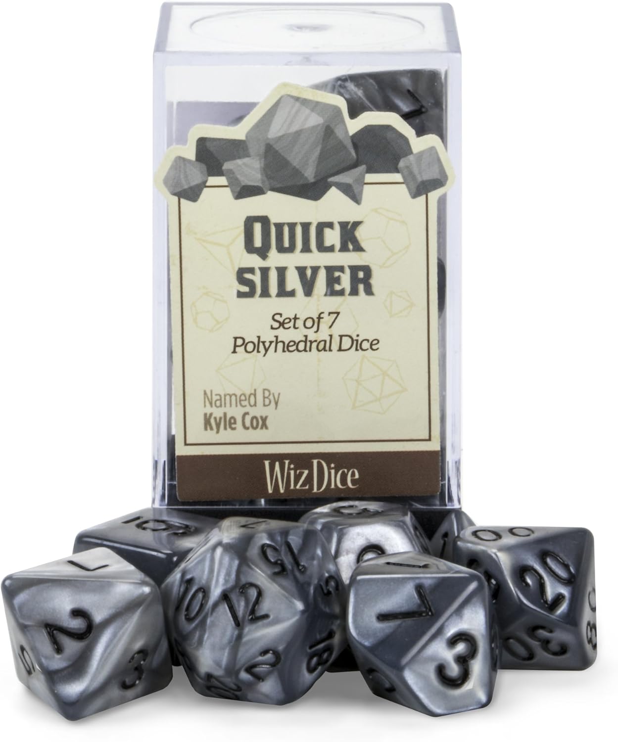 Wiz Dice Quicksilver Set of 7 Polyhedral Dice, Pearlescent Mercury Silver RPG Dice with Clear Display Box