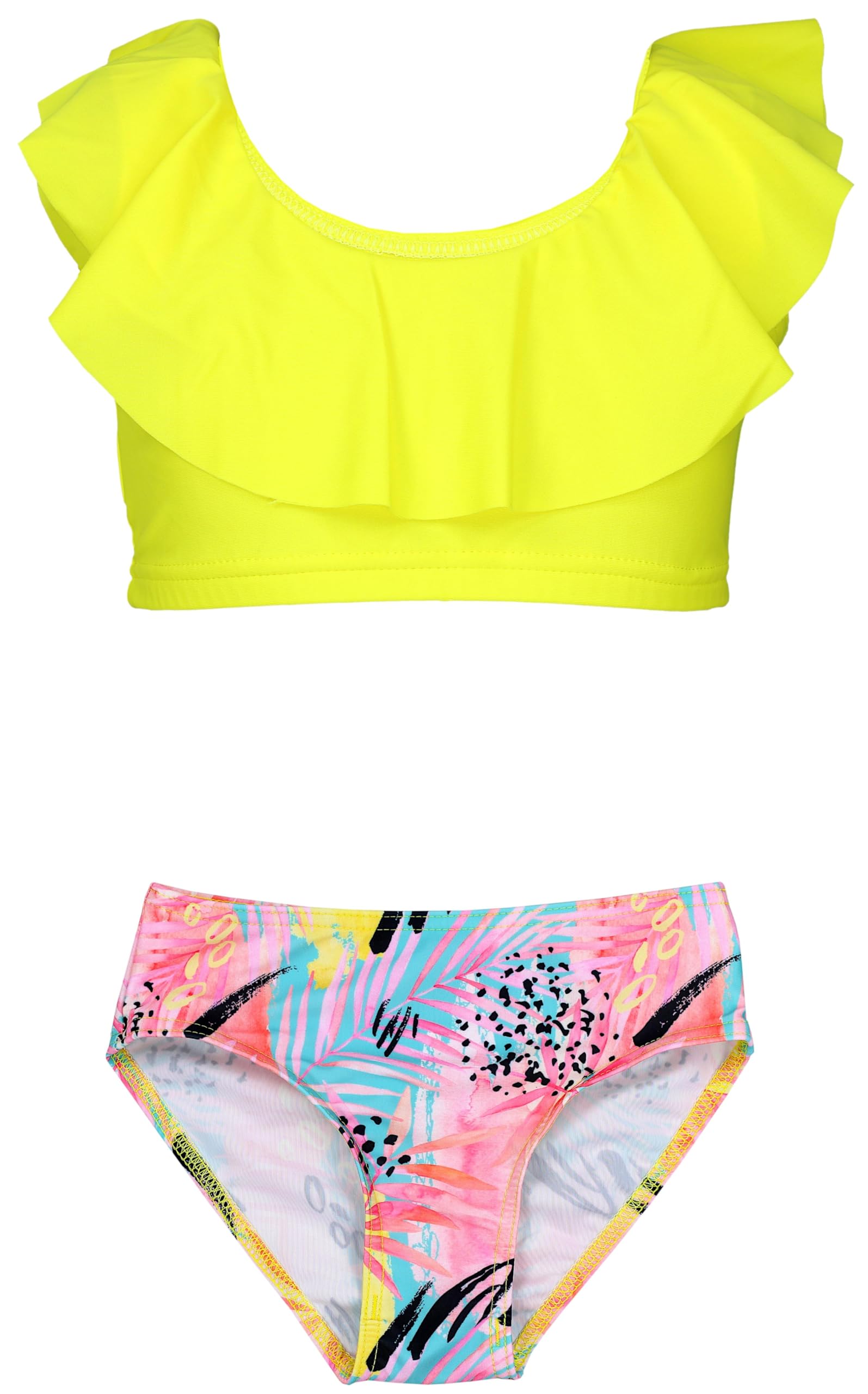 Aquarti Mädchen Bikini Set Bustier Bikinislip Zweiteiliger Badeanzug, Farbe: 037 Rüsche Bikinis Rose Gelb Blätter, Größe: 128