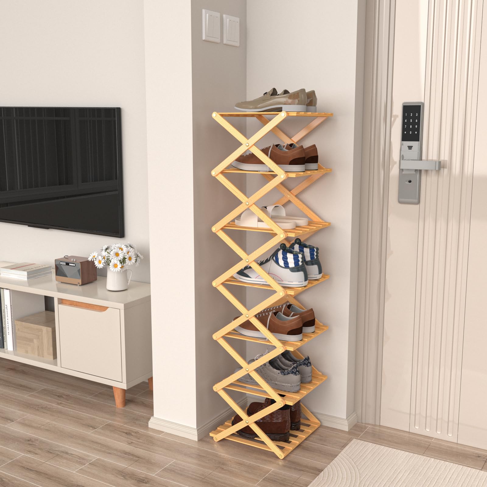 OHMG - Estantería de bambú plegable de 7 plantas, organizador de bambú, ideal para estante de zapatos, en el cuarto de baño y como estante de cocina, estante para decoración, poco espacio
