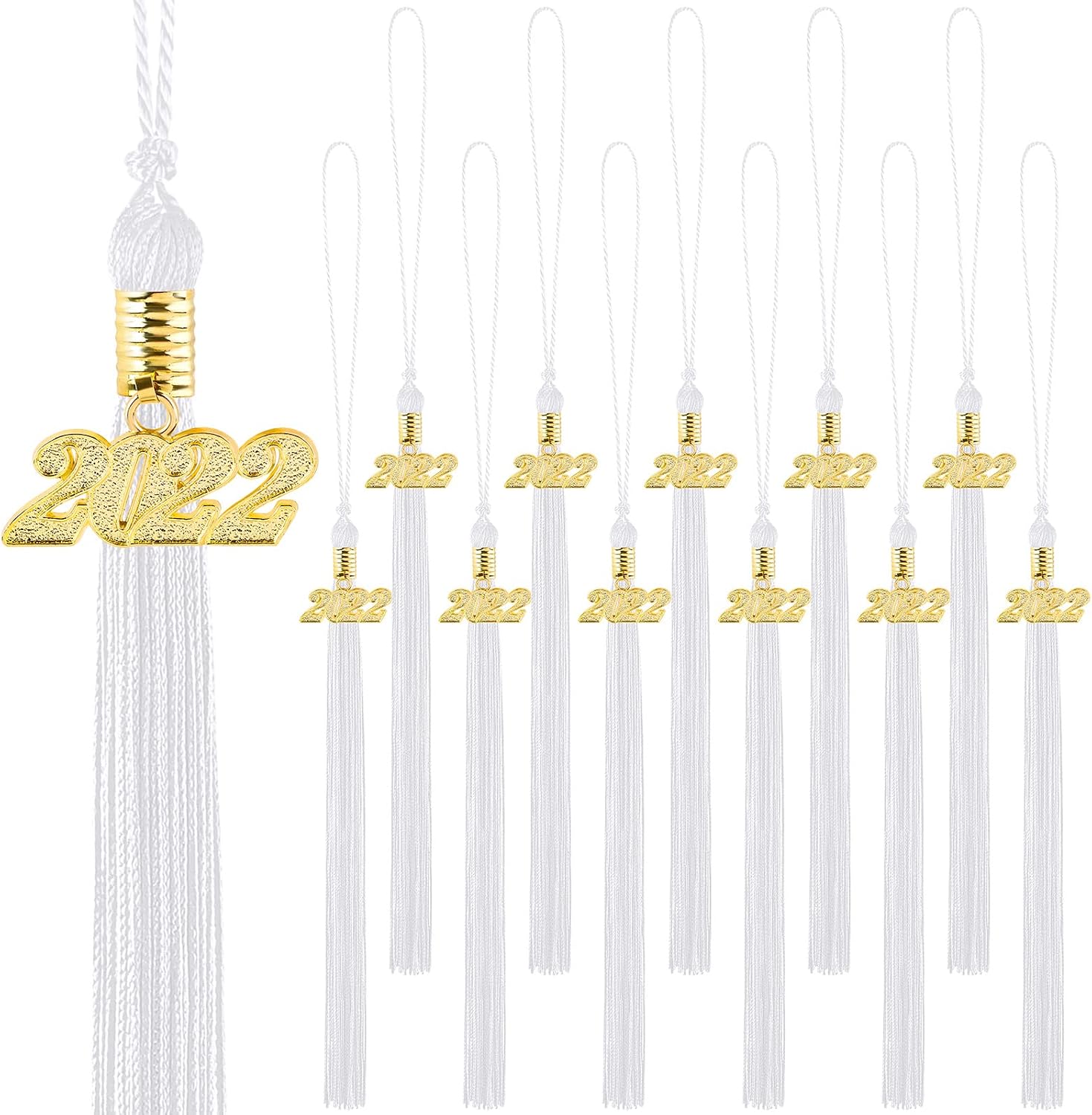 Aneco 12 Pieces Academic Graduation Tassel with Gold 2022 Year Charm Pendant Graduation Tassels with 2022 Year Charm Accessories for Graduate Parties Ceremonies, White