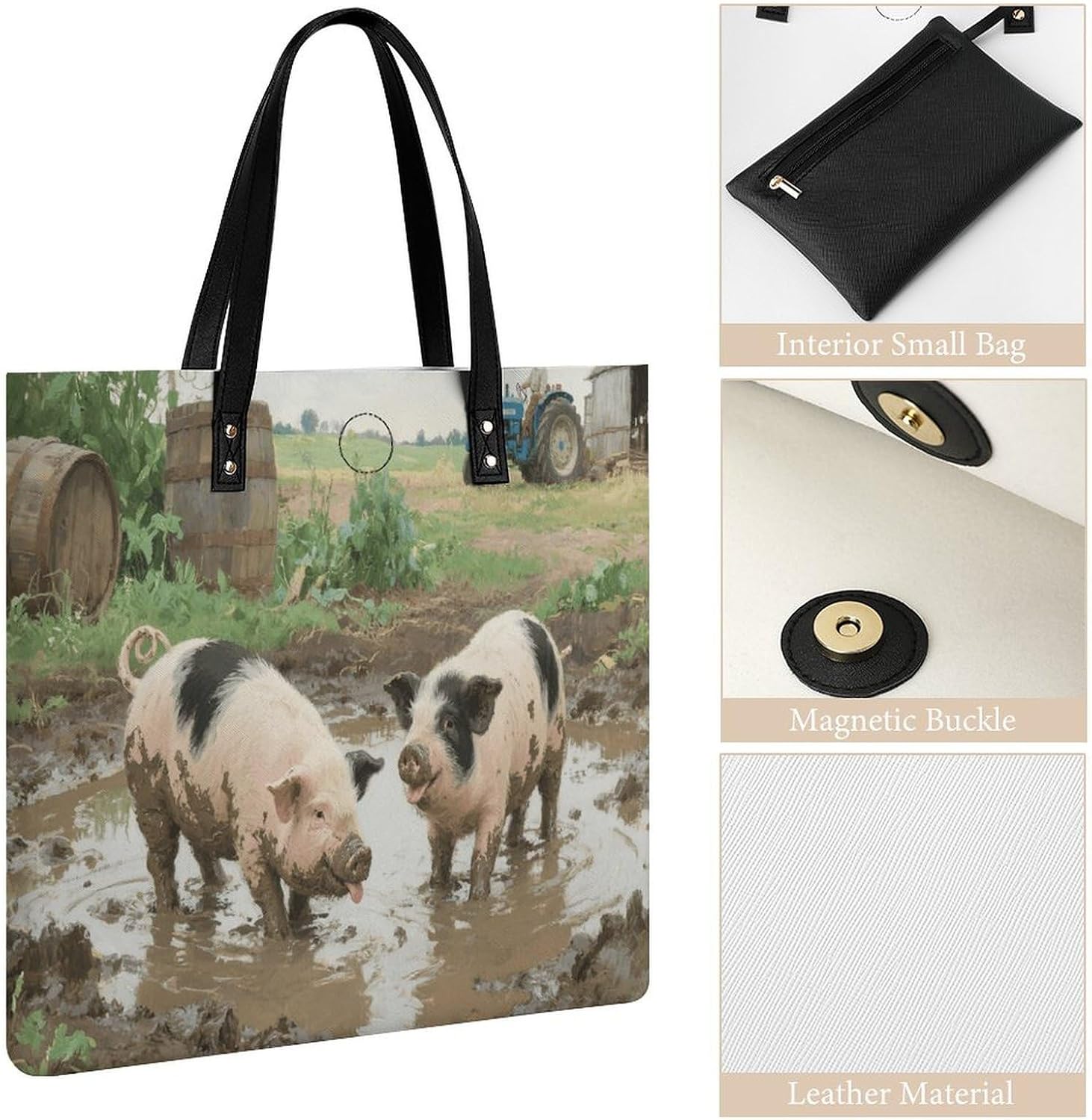 Farm Animal Pig Tote Bag with Magnetic Buckle Reusable Grocery Bags Lightweight Cross Body Handbag for Daily Essentials