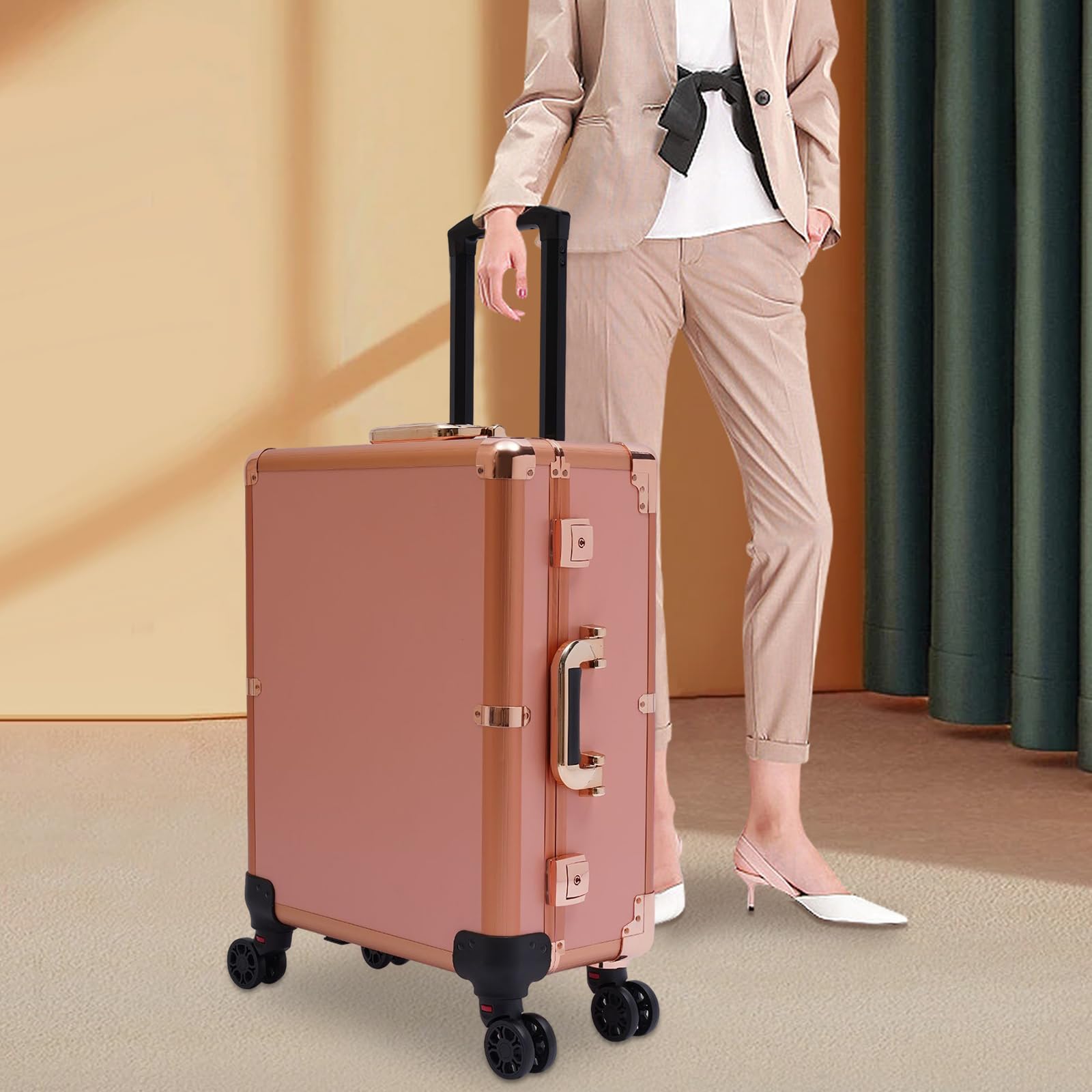 Schminkkoffer Trolley Kosmetik-Zug Tisch Verstellbare Pro-Schminkstation Make up Organizer Portable Makeup Train Case Cosmetic Box Aufbewahrungsbox mit 4 Rollen, LED-Licht & Stützbein