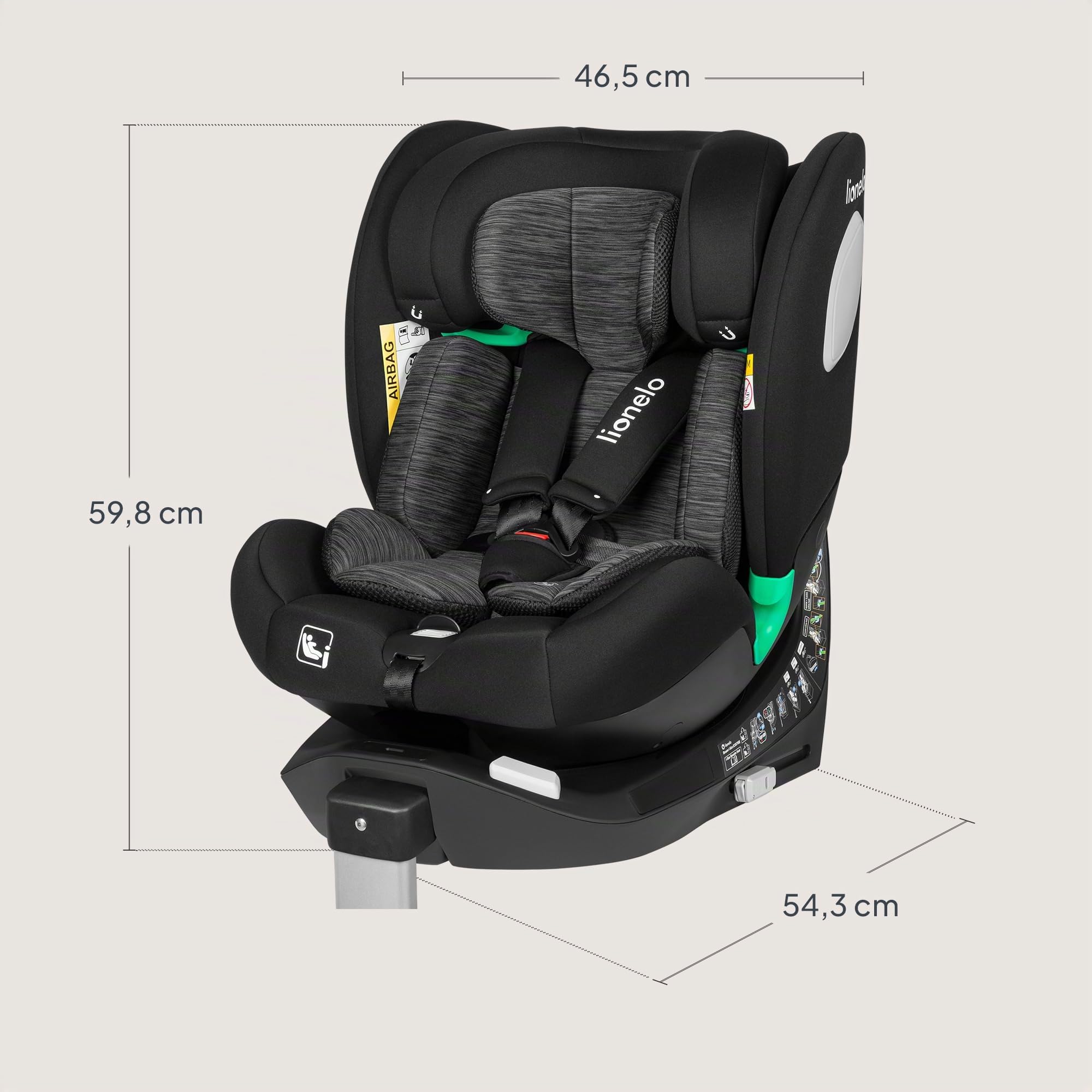LIONELO BRAAM i-Size Silla de Coche para Bebé Giratoria 0-36kg, Instalación Delantera y Trasera, sistema de anclaje ISOFIX+, pie estabilizador, Reposacabezas y Respaldo Ajustable