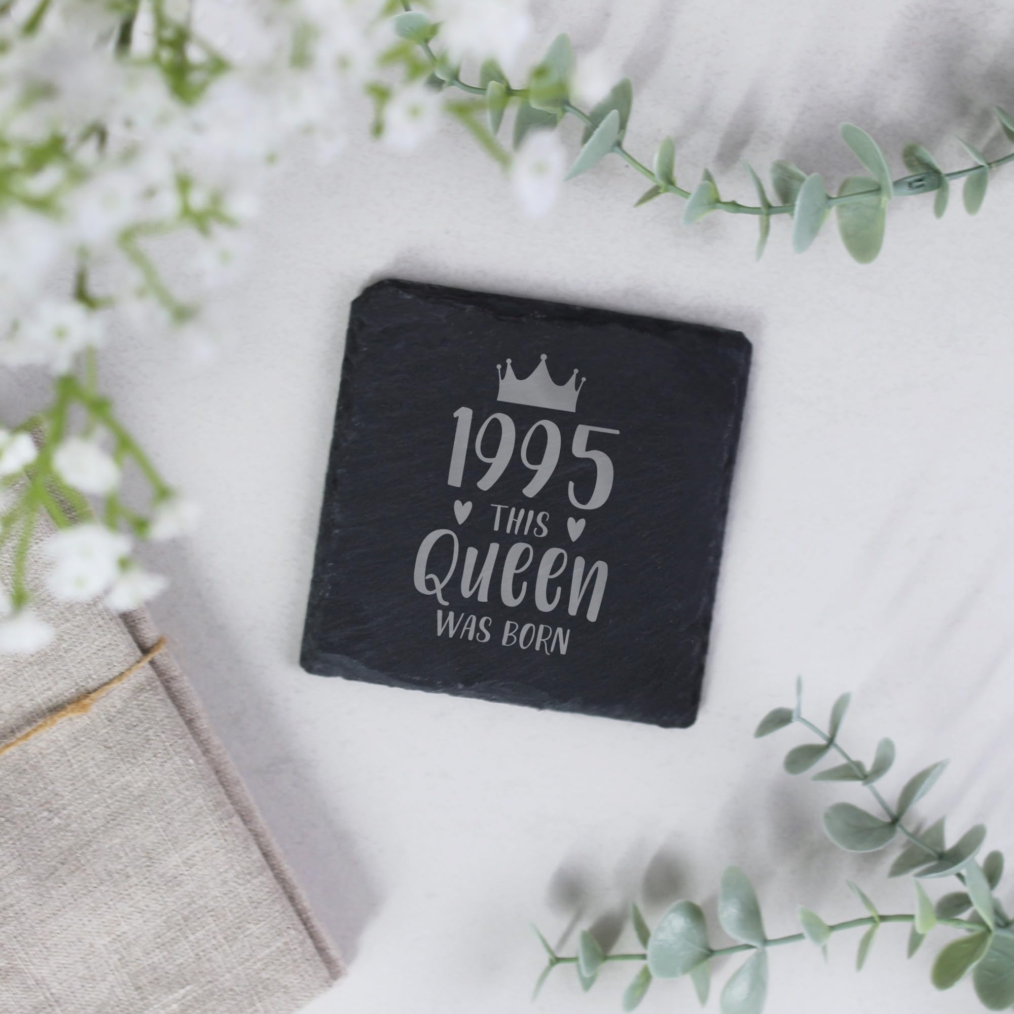 eBuyGB Engraved 1995 This Queen Was Born Square Slate Coaster, 30th Milestone Birthday Gift for Women, Thirtieth Gift for Her