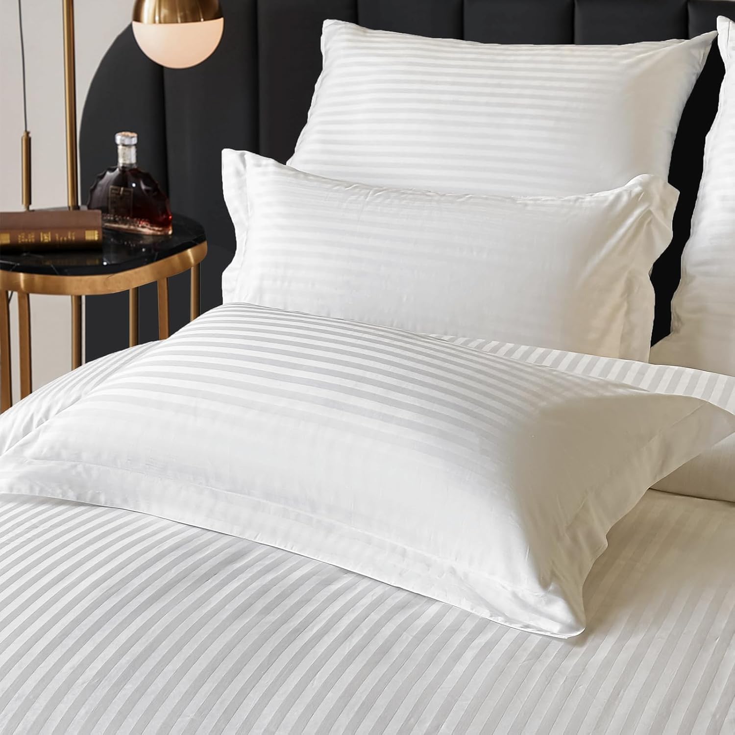 Hotel Bedding Duvet Cover King Size Cotton White Satin Pin Striped Textured with Zipper - Duvet Cover King 3 Pcs Set 104x90 - Comforter Cover/Quilt Cover King Size