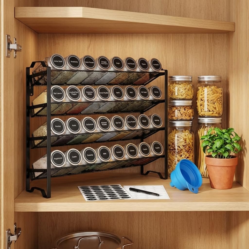 Simple Trending Spice Rack Organizer with 32 Empty Spice Jars, 64 Spice Labels, Chalk Marker and Funnel Set for Cabinet, Countertop, Kitchen, Pantry or Wall Mount, Black