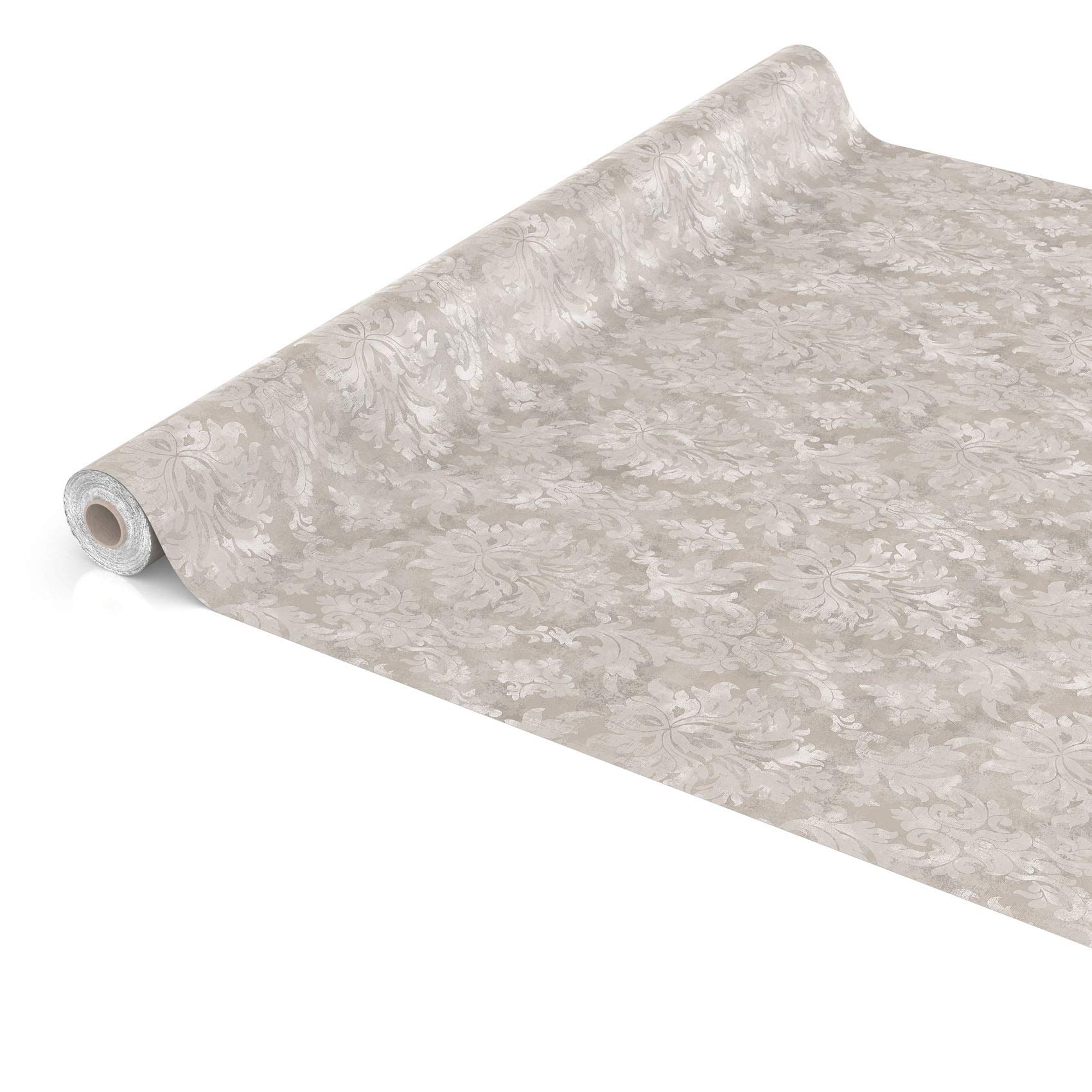 Nappe en Toile cirée Lavable pour Le Jardin, de Forme Ronde, Ovale ou rectangulaire, pour l'intérieur et l'extérieur, Motif Baroque vrillé, Beige-Gris Clair, Ovale, 240 x 140 cm, avec Ourlet, Bordure