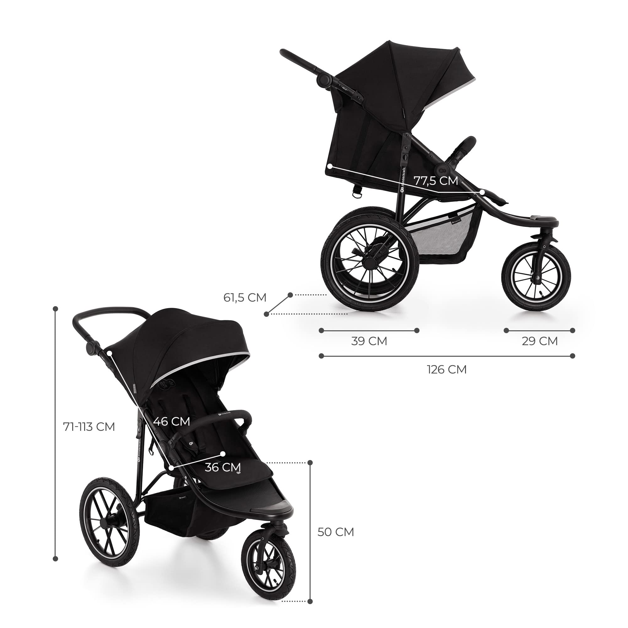 Kinderkraft HELSI, Jogger, Silla de Paseo, Para Bebés, 3 Ruedas, Para cada Terreno, Desde el Nacimiento hasta 22 Kg, Rueads Neumaticas, Off Road, Cesta Grande, Negro