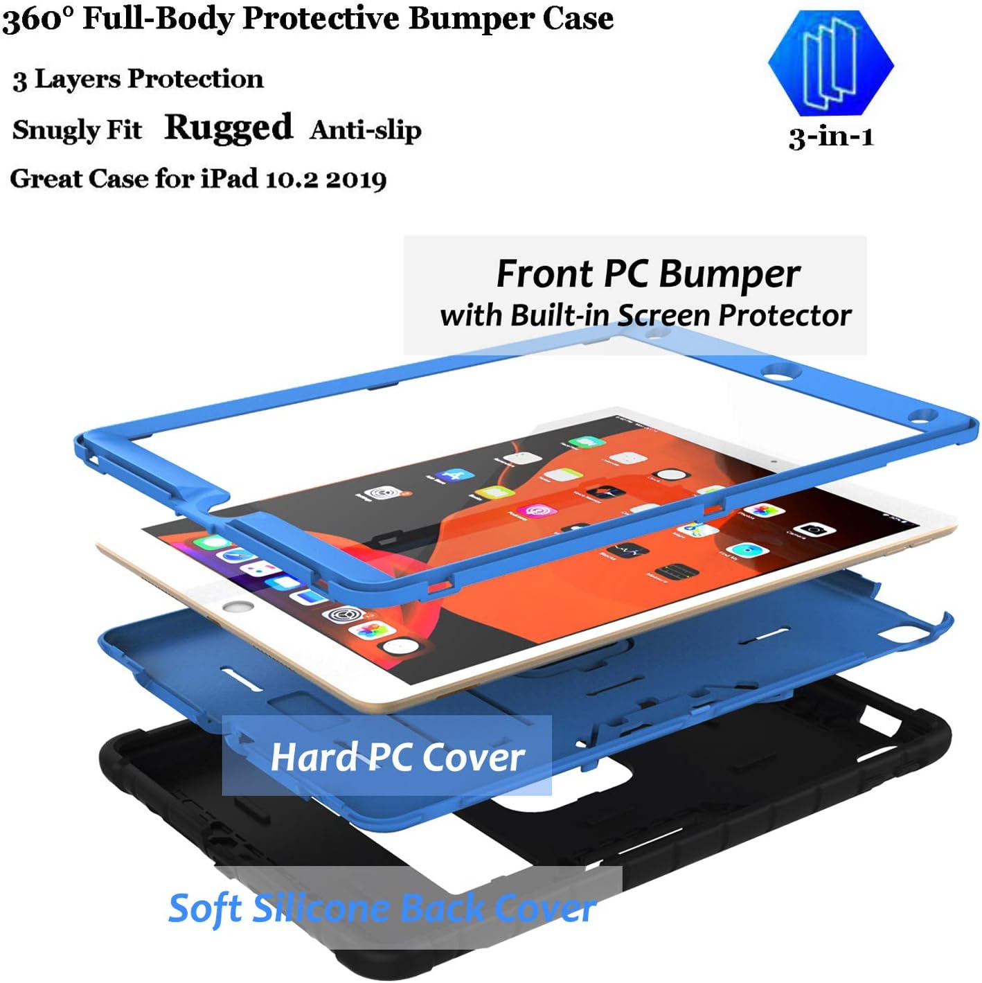 LTROP New iPad 10.2 Case 2021/2020/2019, iPad 9th/8th/7th Generation Case with Built-in Screen Protector, iPad 10.2-inch Case Heavy Duty Full-Body Protective Stand Case for iPad 9/8/7, Black and Blue