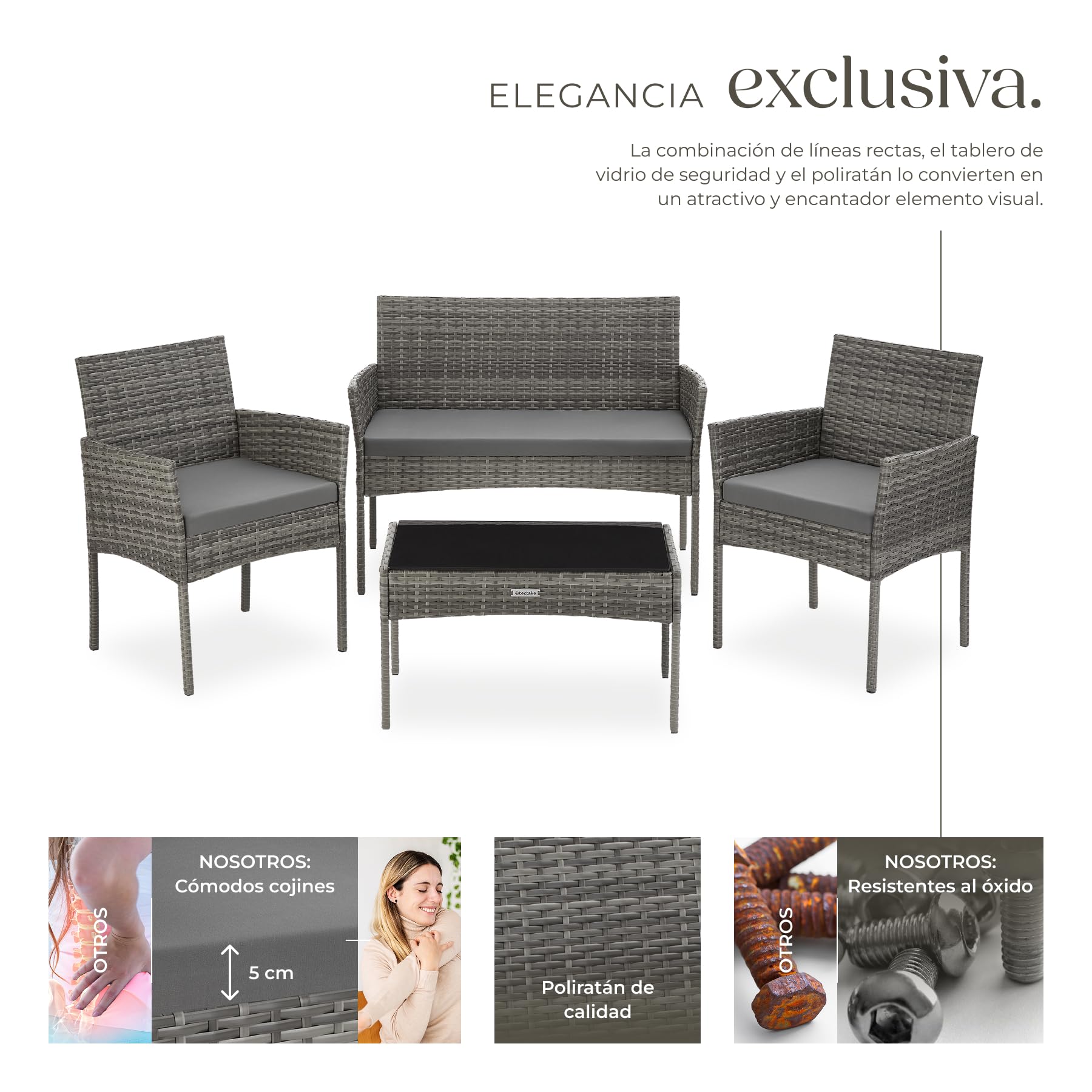 tectake® Conjunto Jardin Exterior de Ratán, Muebles Jardin Exterior para 4 Personas, Muebles Terraza con Mesa de Vidrio, Sofa Exterior y Sillas con Cojines Lavables, Sillon Cómodo - Gris
