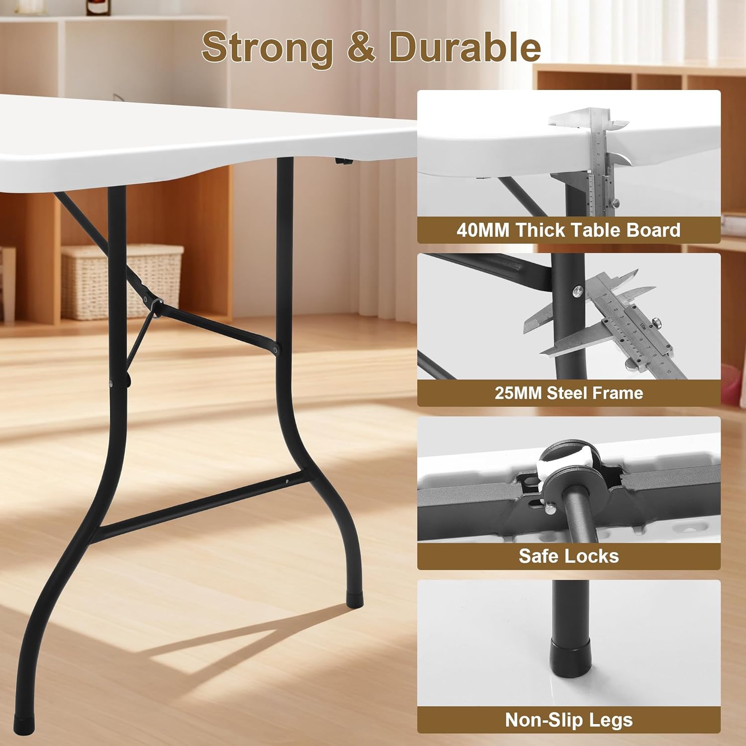 Heavy Duty 6ft Folding Table, Portable Fold-in-Half 6 Foot Foldable Table, Table of Utility Dining Indoor Outdoor with Carrying Handle for Camping Picnic and Party, White