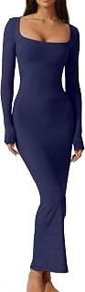 Women's Long Maxi Dress Square Neck Long Sleeve Ribbed Bodycon Lounge Dresses