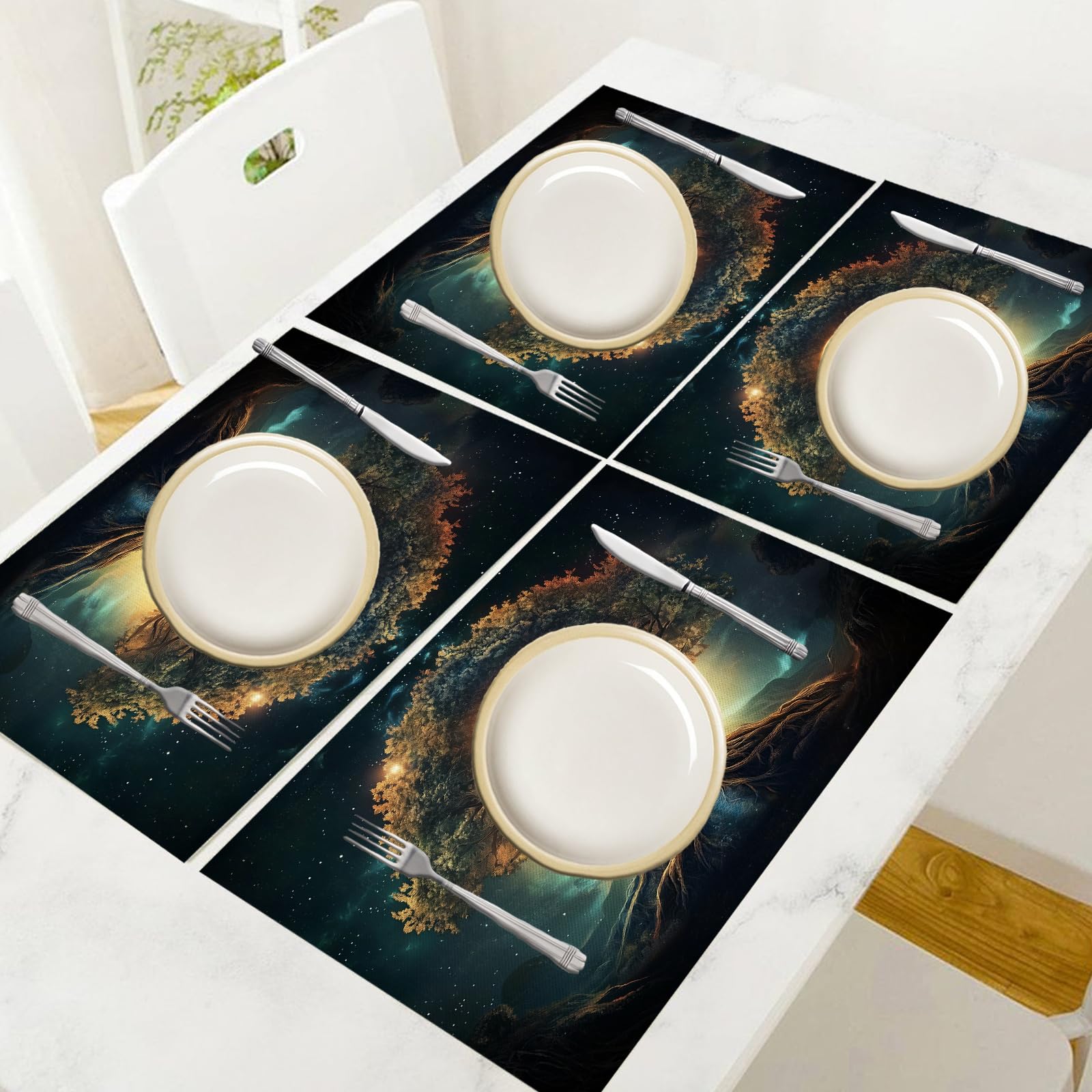 Set di 8 Tovagliette Americane Lavabili Cotone Lino Arte - Tovaglietta Americana Resistenti al Calore Durevole Alberi del cielo stellato - per Colazione Pranzo 30×45 cm