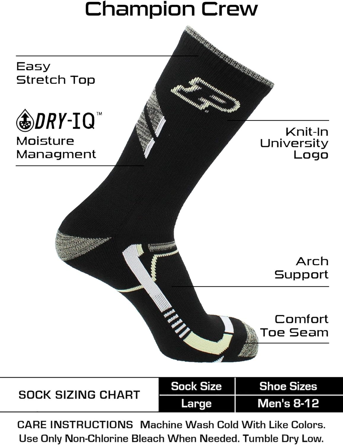 Purdue Boilermakers Champion Crew Socks (Black/Old Gold, Large) - Image 3