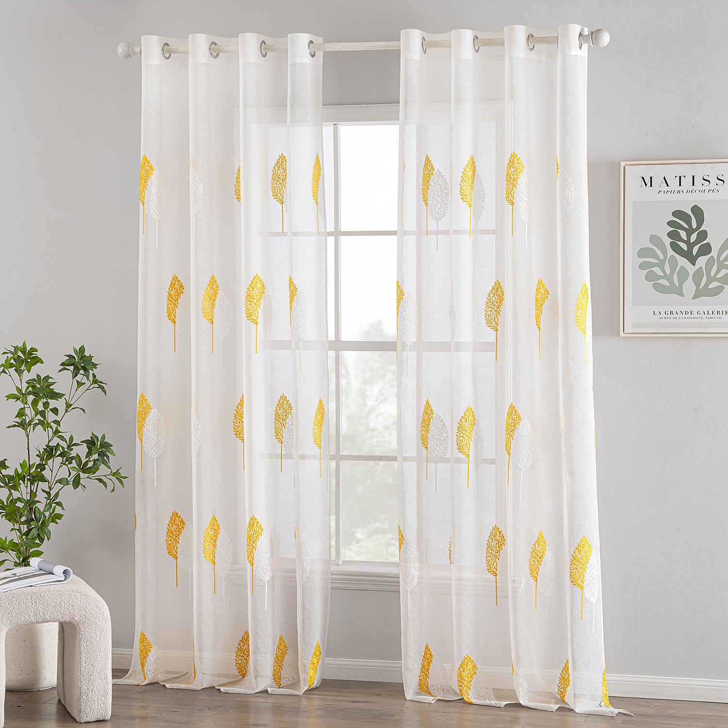 MIULEE Gardinen mit Gelb und Weiss Blätter Muster 2er Set 140x260cm