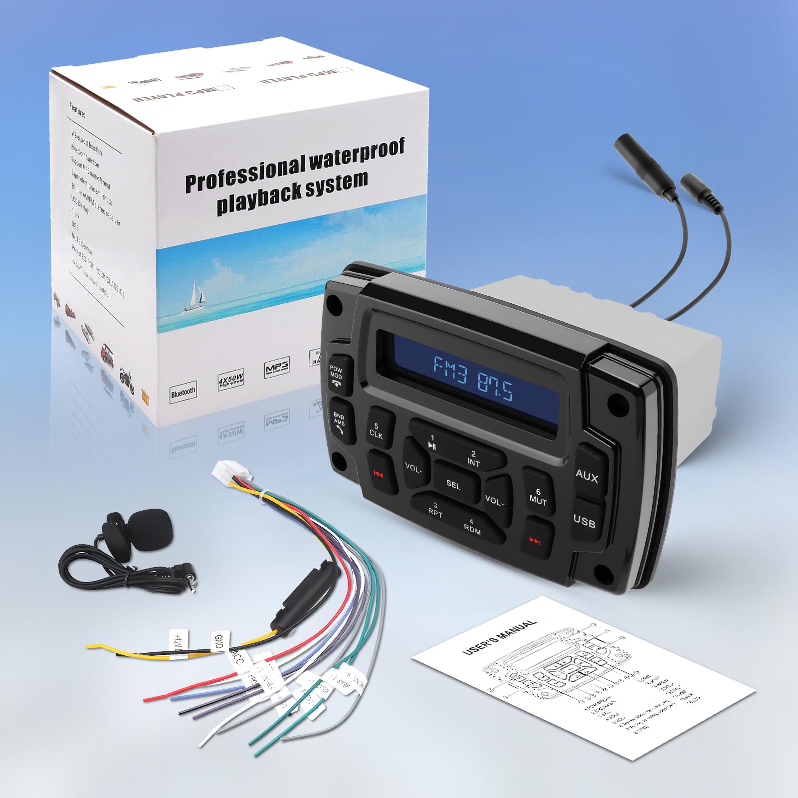Geloo Am/FM Radio Marina Stereo, Radio Barco Marina Impermeable, Reproductor MP3 Estéreo Receptor Llamadas Manos Libres para Barcos, Yates, Marinos, Cámper