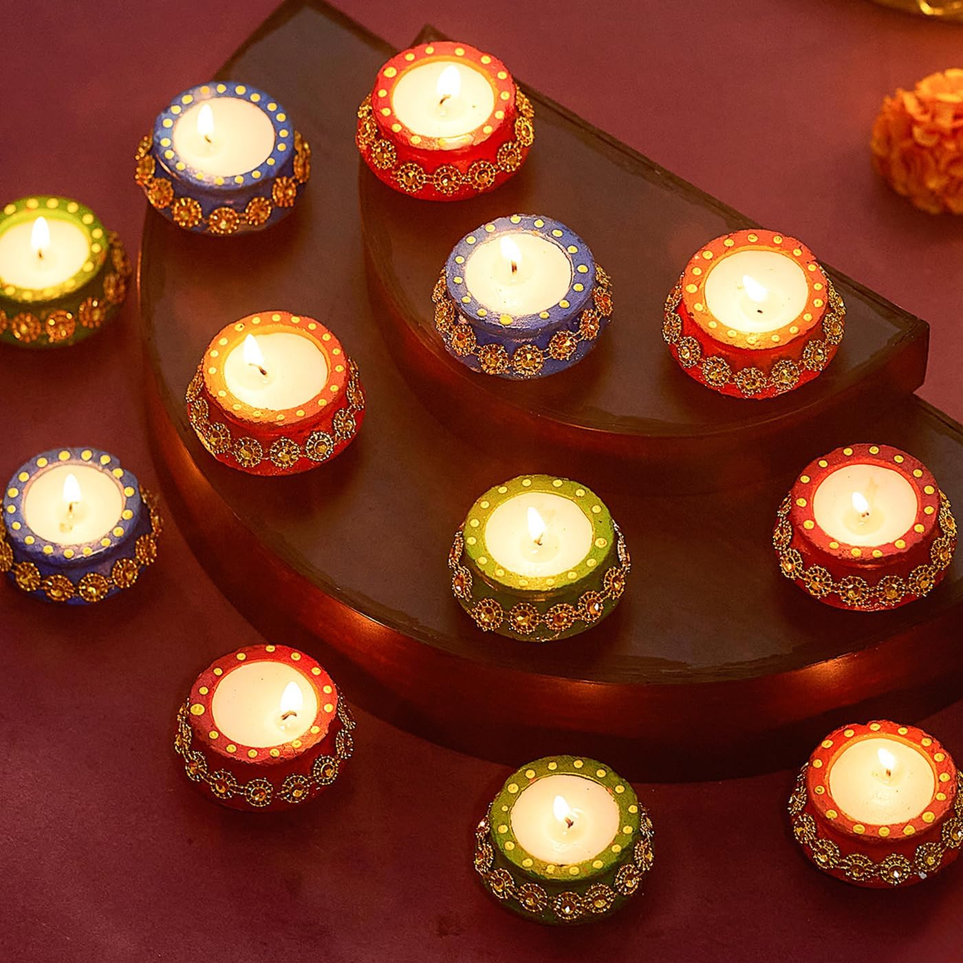 TIED RIBBONS Handmade Clay Wax Filled Diyas Earthen Diya (Pack of 12) for Diwali Decoration Home Puja Pooja Room Office Mandir Temple Table Dipawali Decor Items (Multi, 4.75 cm x 2.5 cm)
