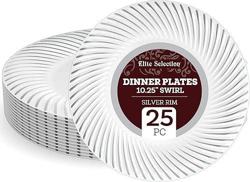 ELITE SELECTION Platos desechables de plástico  Paquete de 25 platos blancos de alta calidad de 10.25 pulgadas con elegante diseño de borde de