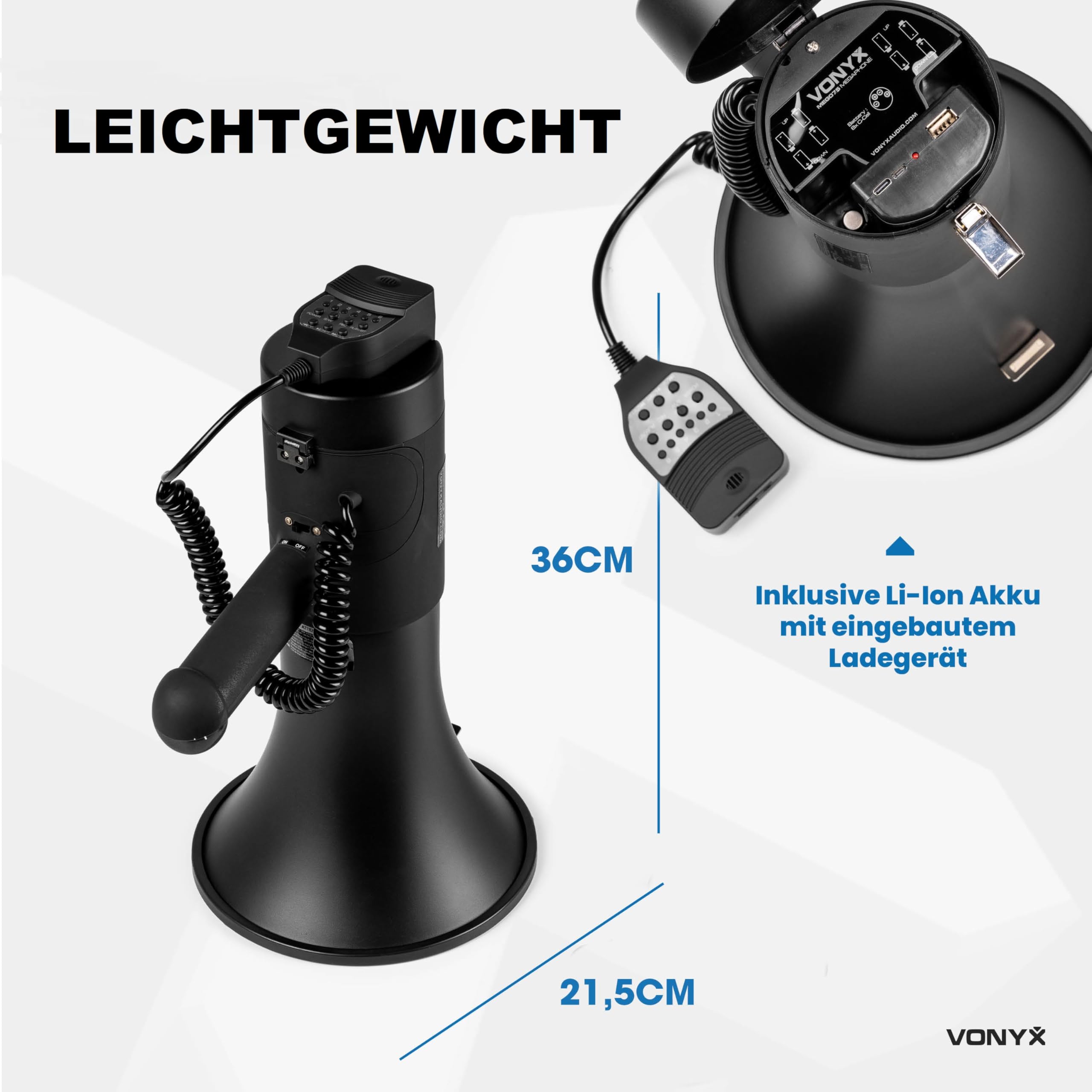 Vonyx MEG075 - Akku Megafon mit Sirene und Mikrofon, Bluetooth, Aufnahmefunktion, Leistungsstarkes 75W Megaphon mit Mikrofon, bis 1300 Meter, USB, SD, MP3 & AUX, Megaphon mit Umhänge-Gurt, Schwarz