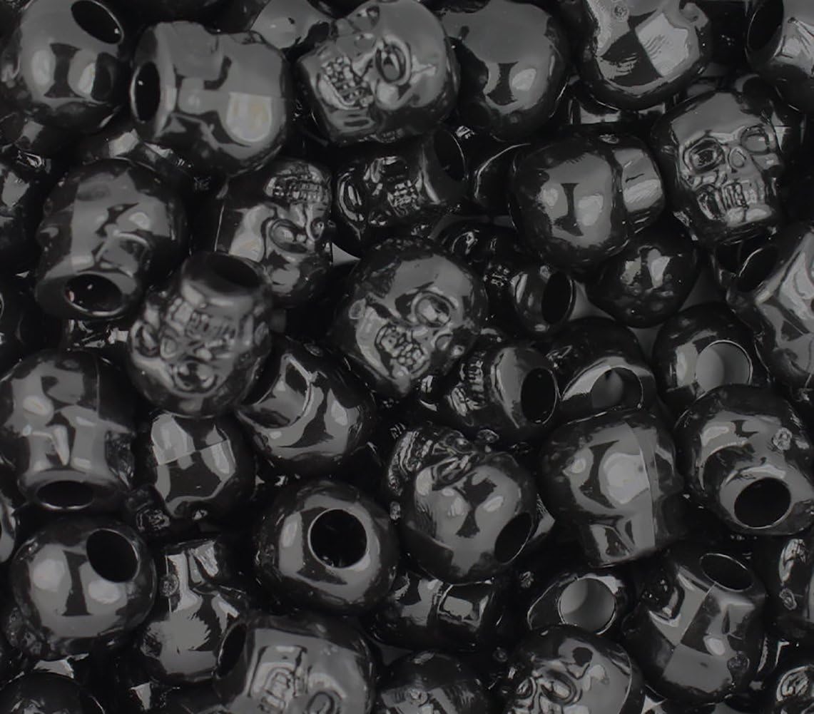 Luxury & Custom {11mm w/ 3mm Hole} of 150 Individual Loose Medium Size "Pony" Beads Made of Acrylic Resin w/ Dark Scary Halloween Spooky Seasonal Skeleton Human Skull Design {Black}