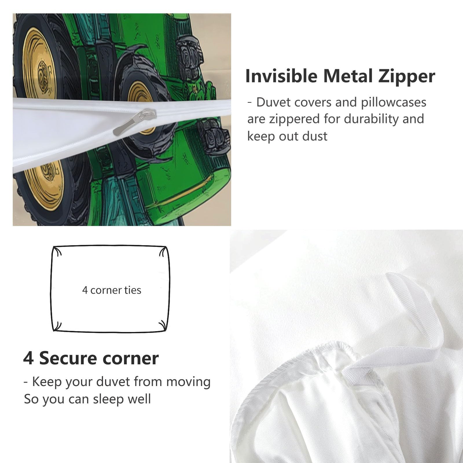 Juego de Funda Nórdica 3 Piezas para Cama 105 - Funda Edredón Reversible 180x220 cm Tractor Verde De Dibujos Animados, Ropa de Cama Beige para Cama Individual y Matrimonio