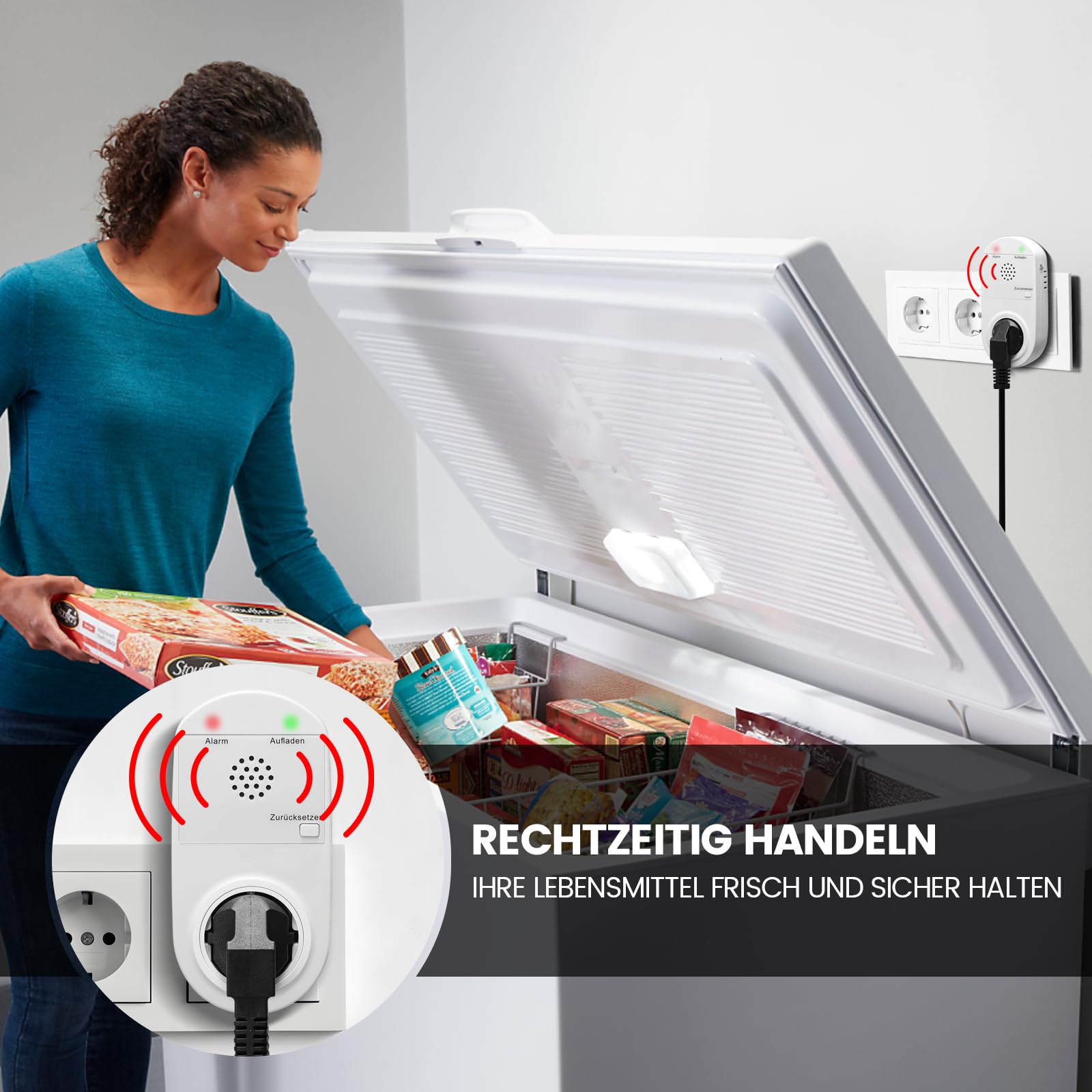 Briidea Stromausfallalarm melder mit LED Anzeige und 80 dB Sirene, betrieben mit wiederaufladbarem Akku (enthalten), ideal zur Überwachung von Kühlschränken, Gefrierschränken, Sumpfpumpen und Aquarien